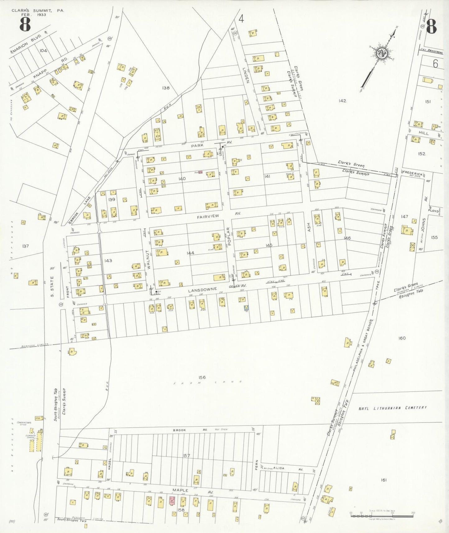 Sanborn Fire Insurance Map from Clark's Summit, Lackawanna County, Pennsylvania (1933), Sheet #0008 - Historic Sanborn Fire Insurance Map Print, vintage old map wall art, antique decor, genealogy gift, Pennsylvania Pennsylvania map