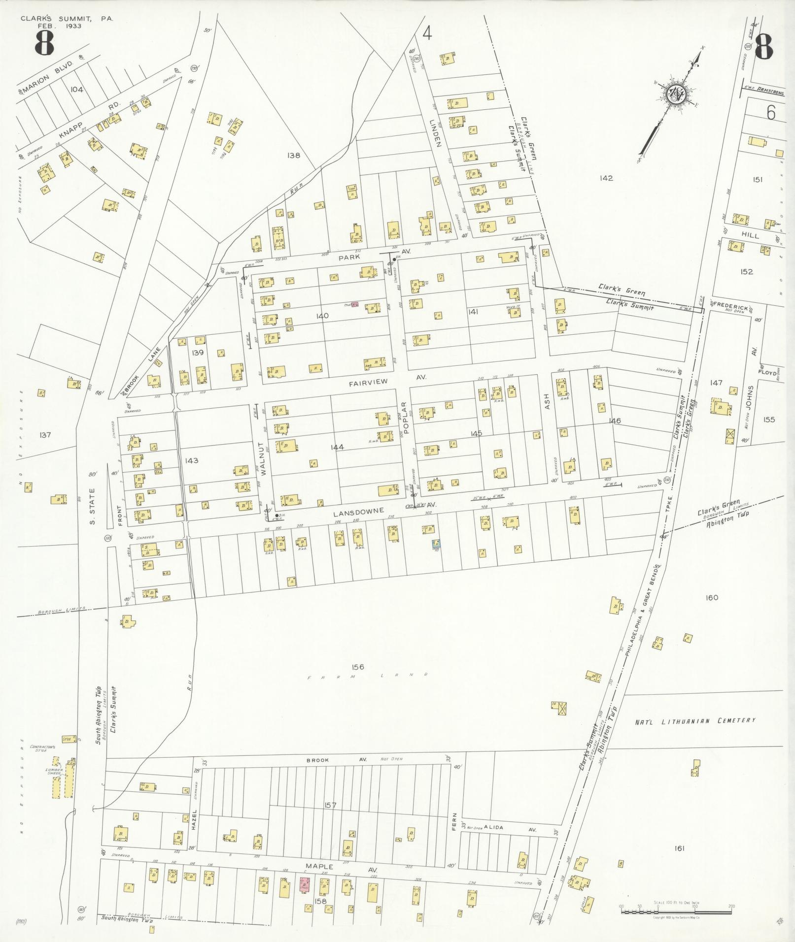 Sanborn Fire Insurance Map from Clark's Summit, Lackawanna County, Pennsylvania (1933), Sheet #0008 - Historic Sanborn Fire Insurance Map Print, vintage old map wall art, antique decor, genealogy gift, Pennsylvania Pennsylvania map