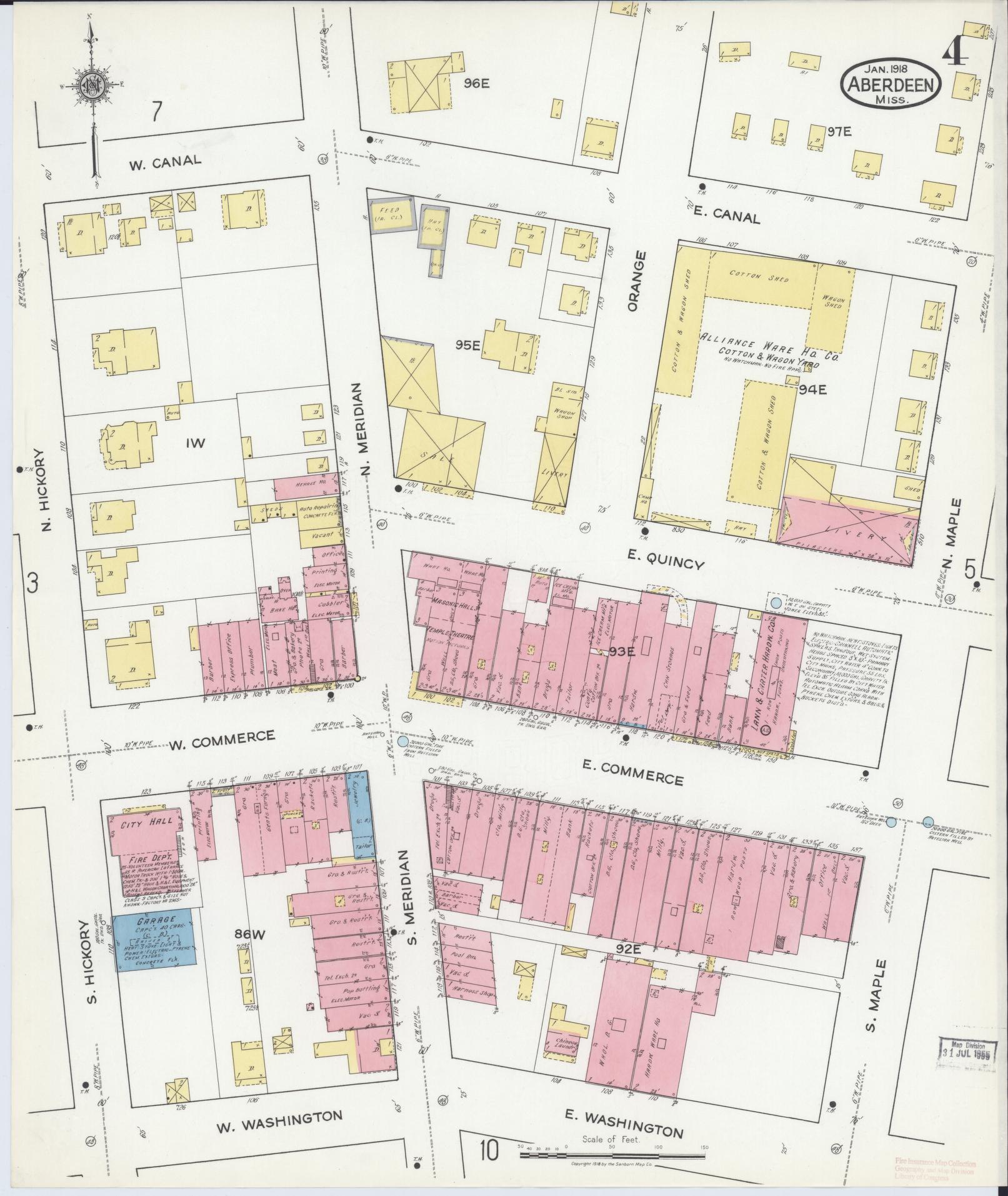 Sanborn Fire Insurance Map from Aberdeen, Monroe County, Mississippi (1918), Sheet #0004 - Complete Map Set gallery image, historic Sanborn map, vintage wall art, Mississippi Mississippi