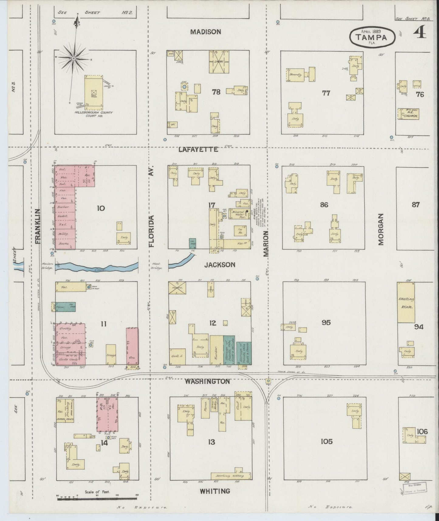 Sanborn Fire Insurance Map from Tampa, Hillsborough County, Florida (1889), Sheet #0004 - Complete Map Set gallery image, historic Sanborn map, vintage wall art, Florida Florida