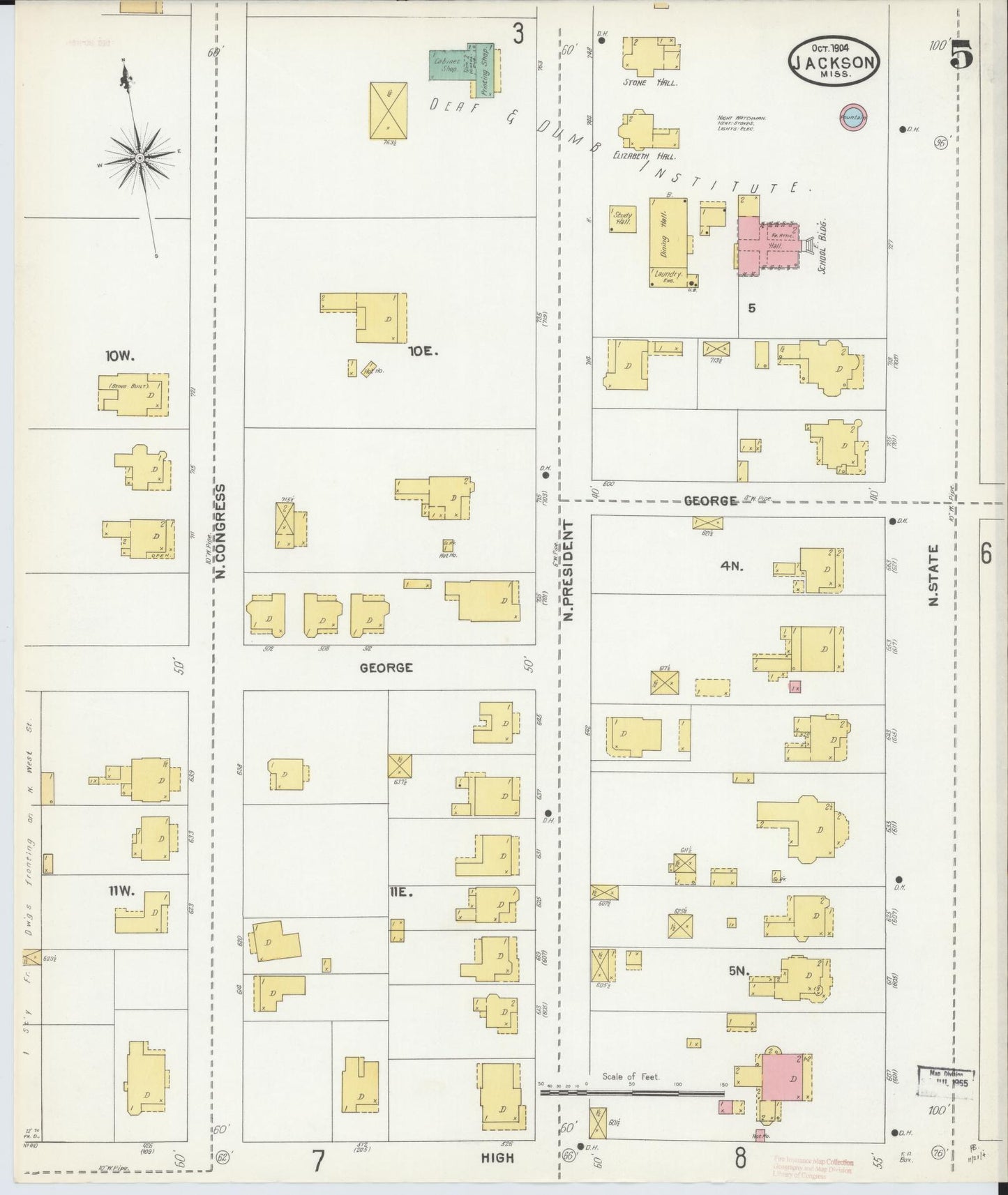 Sanborn Fire Insurance Map from Jackson, Hinds County, Mississippi (1904), Sheet #0005 - Historic Sanborn Fire Insurance Map Print, vintage old map wall art, antique decor, genealogy gift, Mississippi Mississippi map