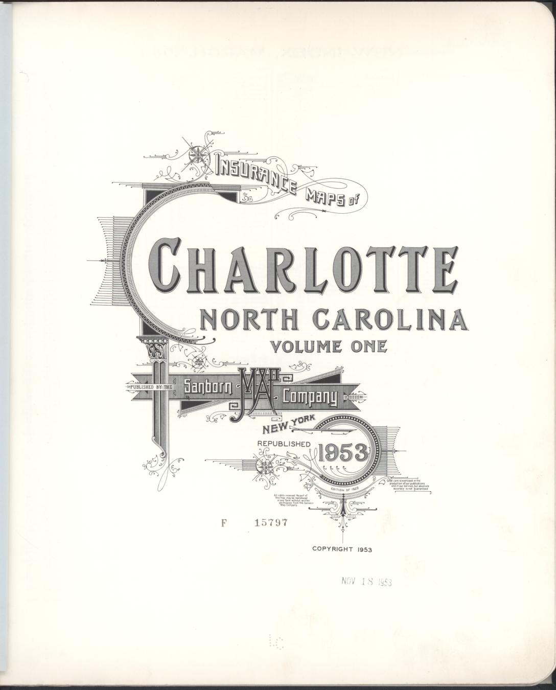 Sanborn Fire Insurance Map from Charlotte, Mecklenburg County, North Carolina (1953), Sheet #0001 - Complete Map Set gallery image, historic Sanborn map, vintage wall art, North Carolina North Carolina