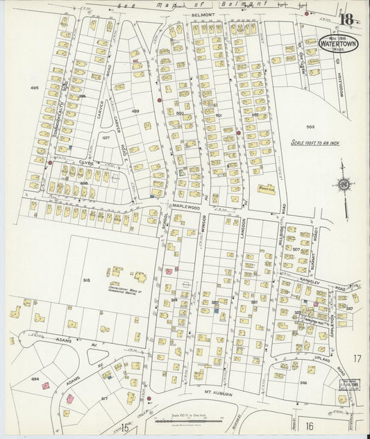 Sanborn Fire Insurance Map from Watertown, Middlesex County, Massachusetts (1916), Sheet #0018 - Historic Sanborn Fire Insurance Map Print, vintage old map wall art, antique decor, genealogy gift, Massachusetts Massachusetts map