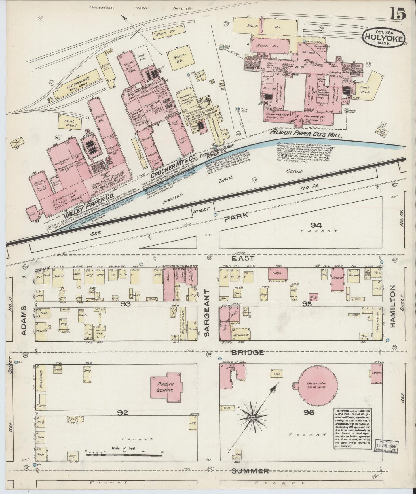 Sanborn Fire Insurance Map from Holyoke, Hampden County, Massachusetts (1884), Sheet #0015 - Historic Sanborn Fire Insurance Map Print, vintage old map wall art, antique decor, genealogy gift, Massachusetts Massachusetts map