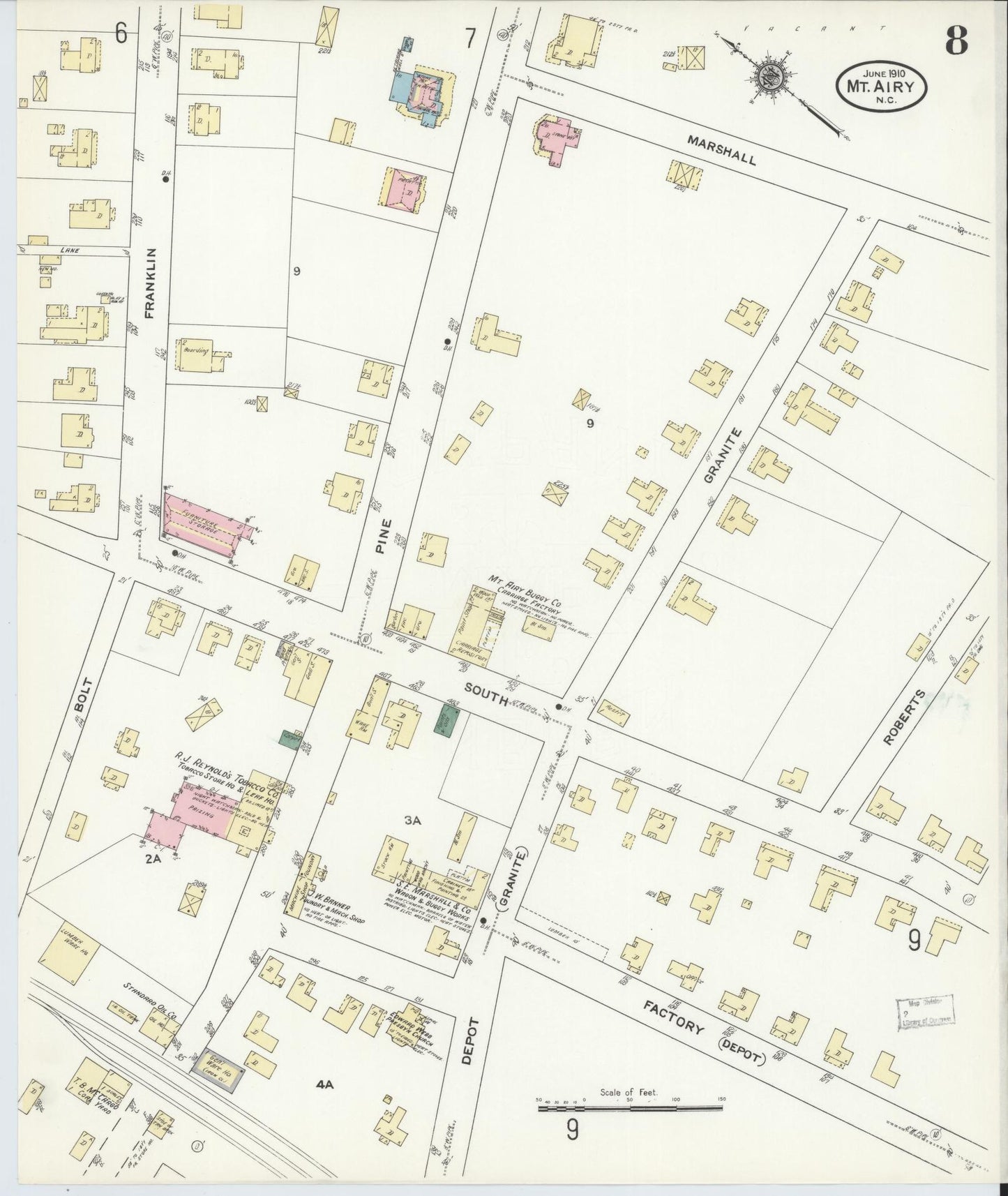 Sanborn Fire Insurance Map from Mount Airy, Surry County, North Carolina (1910), Sheet #0008 - Historic Sanborn Fire Insurance Map Print, vintage old map wall art, antique decor, genealogy gift, North Carolina North Carolina map