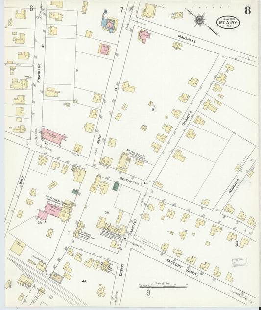 Sanborn Fire Insurance Map from Mount Airy, Surry County, North Carolina (1910), Sheet #0008 - Historic Sanborn Fire Insurance Map Print, vintage old map wall art, antique decor, genealogy gift, North Carolina North Carolina map