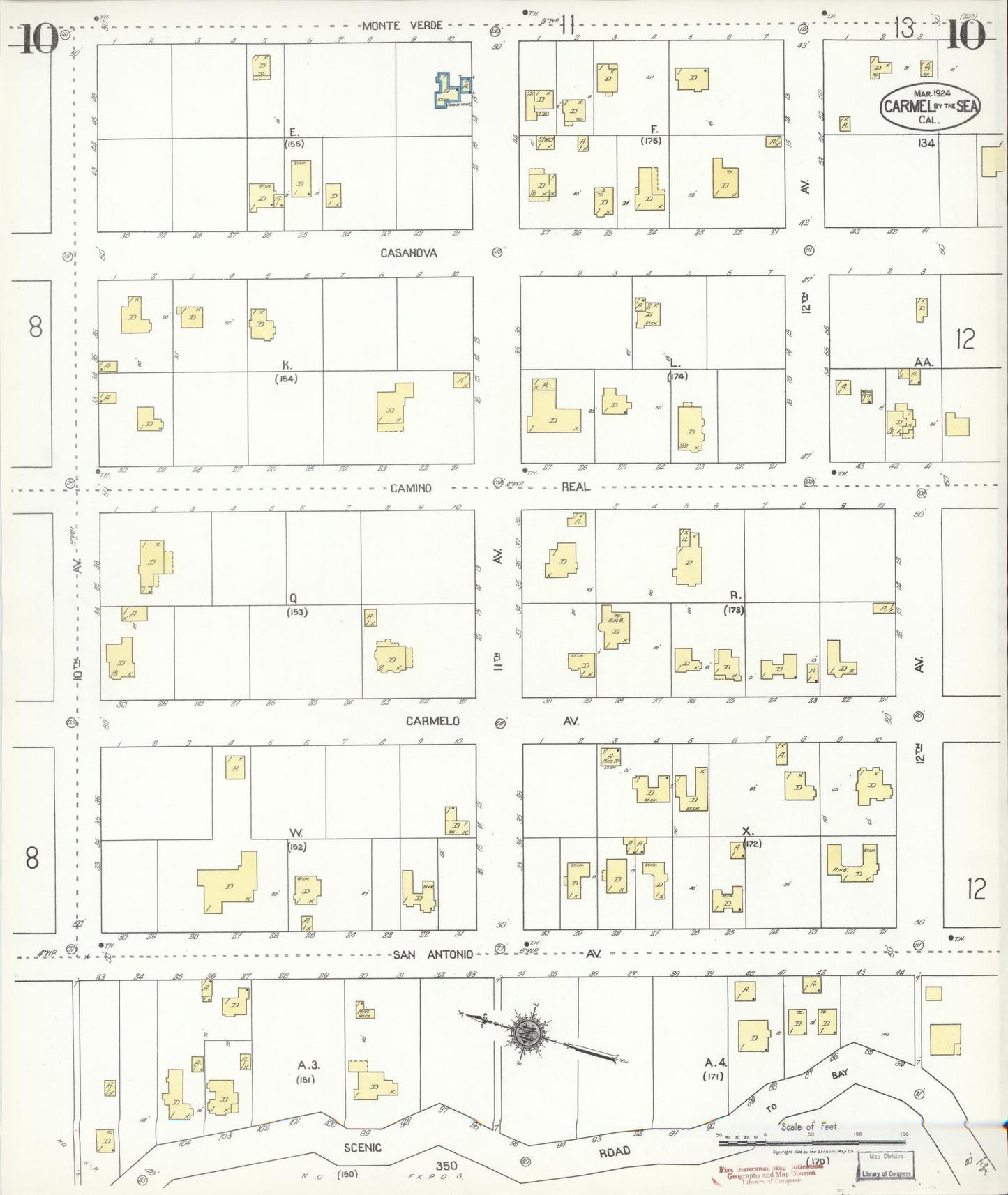 Sanborn Fire Insurance Map from Carmel By The Sea, Monterey County, California (1924), Sheet #0010 - Complete Map Set gallery image, historic Sanborn map, vintage wall art, California California