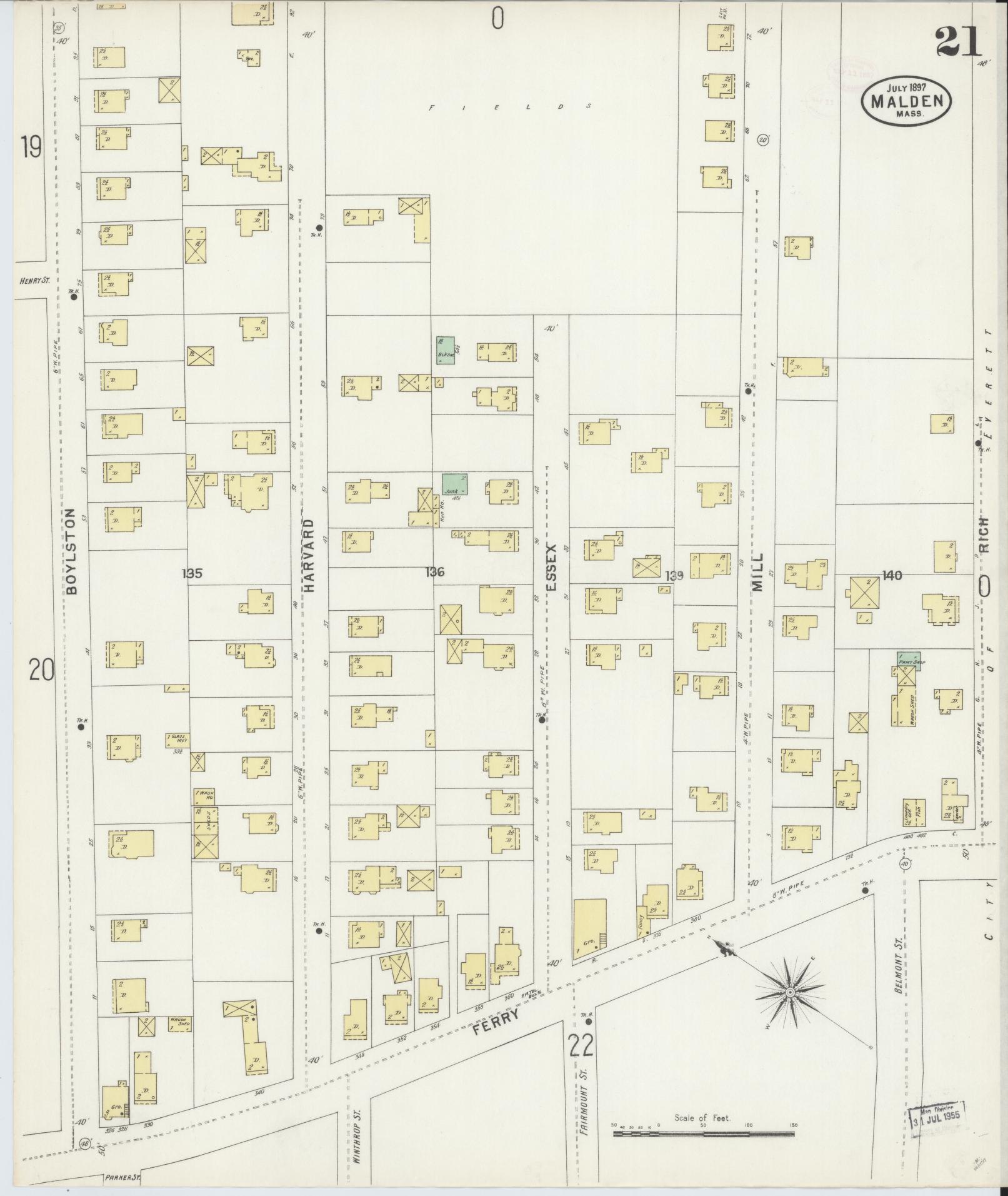 Sanborn Fire Insurance Map from Malden, Middlesex County, Massachusetts (1897), Sheet #0021 - Historic Sanborn Fire Insurance Map Print, vintage old map wall art, antique decor, genealogy gift, Massachusetts Massachusetts map