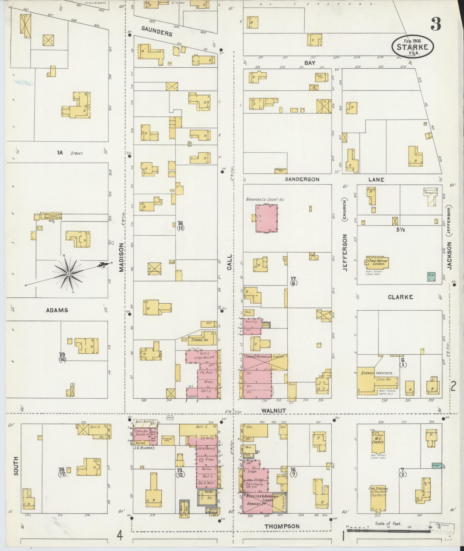 Sanborn Fire Insurance Map from Starke, Bradford County, Florida (1906), Sheet #0003 - Historic Sanborn Fire Insurance Map Print, vintage old map wall art, antique decor, genealogy gift, Florida Florida map