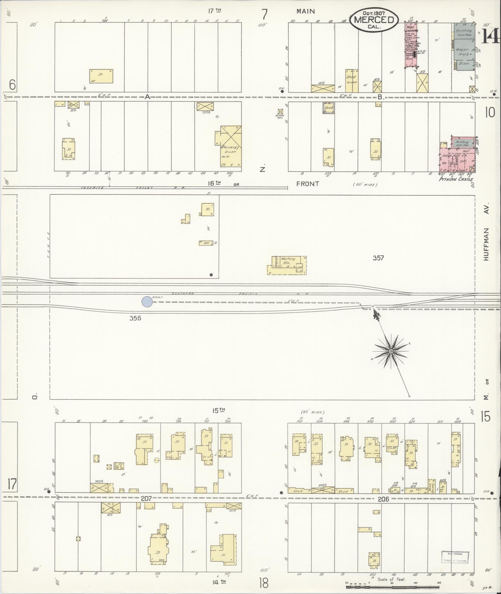 Sanborn Fire Insurance Map from Merced, Merced County, California (1907), Sheet #0014 - Historic Sanborn Fire Insurance Map Print, vintage old map wall art, antique decor, genealogy gift, California California map