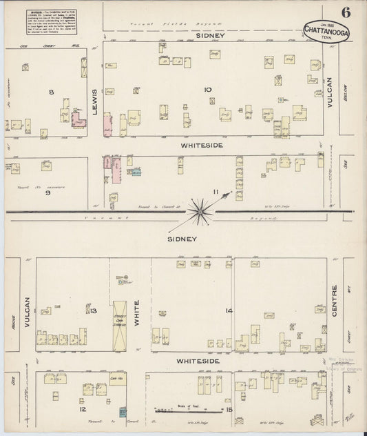 Sanborn Fire Insurance Map from Chattanooga, Hamilton County, Tennessee (1885), Sheet #0006 - Historic Sanborn Fire Insurance Map Print, vintage old map wall art, antique decor, genealogy gift, Tennessee Tennessee map