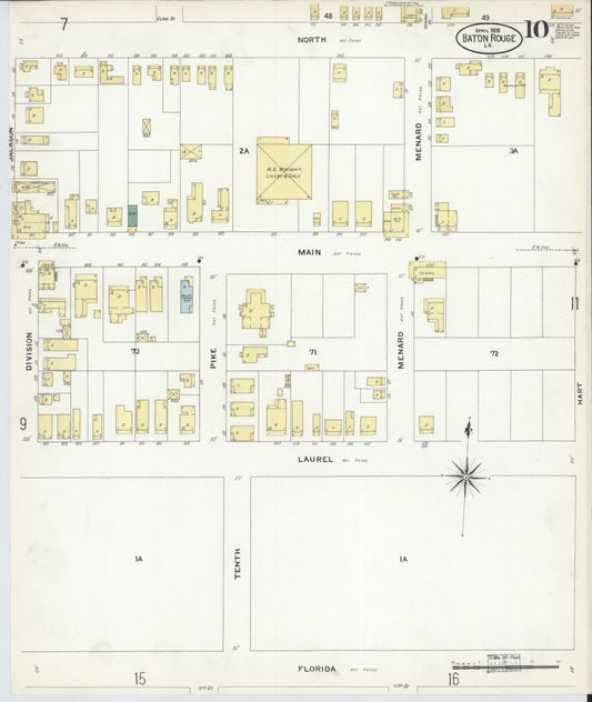 Sanborn Fire Insurance Map from Baton Rouge, East Baton Rouge Parish, Louisiana (1908), Sheet #0010 - Historic Sanborn Fire Insurance Map Print, vintage old map wall art, antique decor, genealogy gift, Louisiana Louisiana map