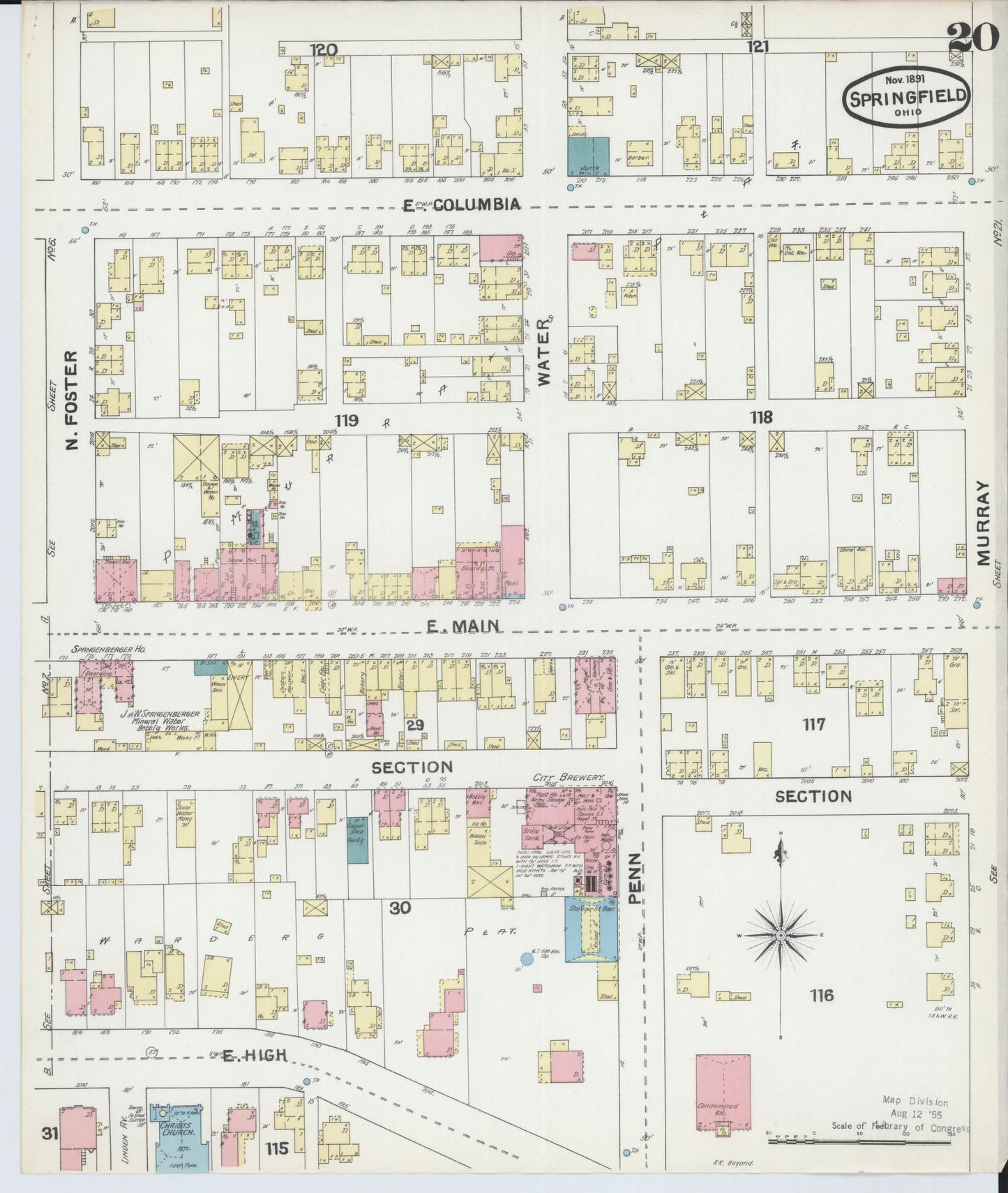Sanborn Fire Insurance Map from Springfield, Clark County, Ohio (1891), Sheet #0020 - Complete Map Set gallery image, historic Sanborn map, vintage wall art, Ohio Ohio
