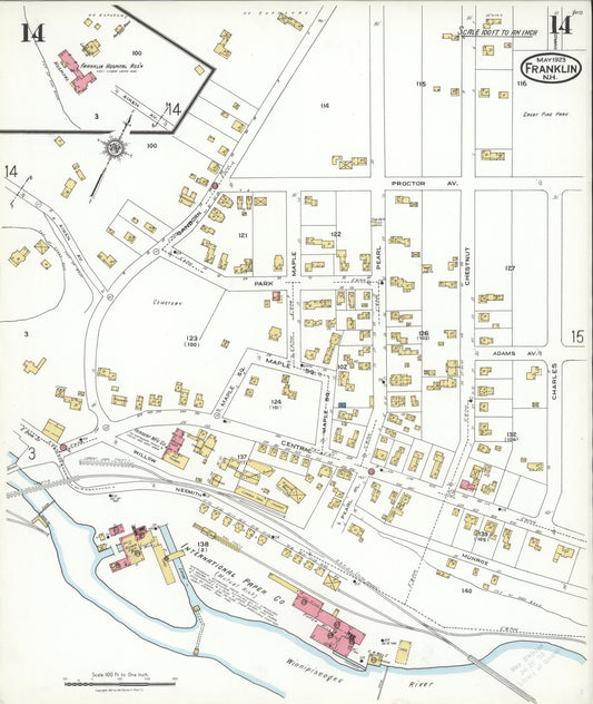 Sanborn Fire Insurance Map from Franklin, Merrimack County, New Hampshire (1923), Sheet #0014 - Historic Sanborn Fire Insurance Map Print, vintage old map wall art, antique decor, genealogy gift, New Hampshire New Hampshire map