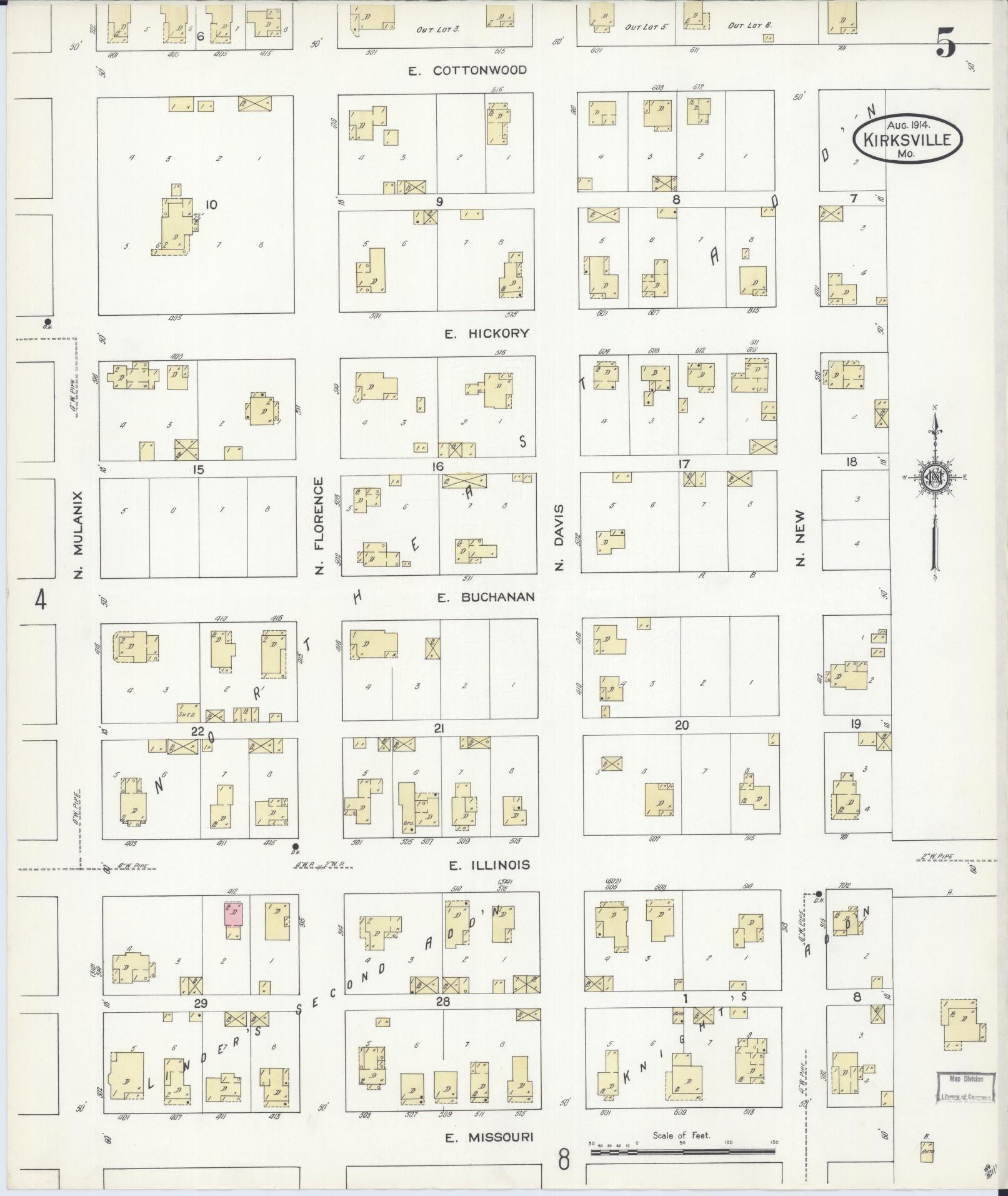 Sanborn Fire Insurance Map from Kirksville, Adair County, Missouri (1914), Sheet #0005 - Historic Sanborn Fire Insurance Map Print, vintage old map wall art, antique decor, genealogy gift, Missouri Missouri map