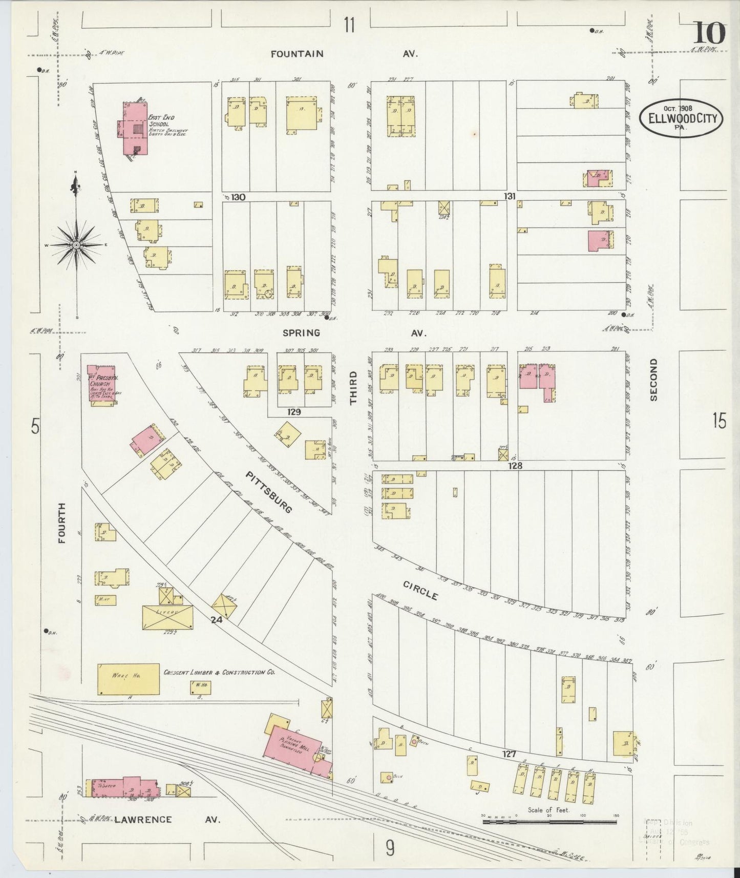 Sanborn Fire Insurance Map from Ellwood City, Lawrence County, Pennsylvania (1908), Sheet #0010 - Historic Sanborn Fire Insurance Map Print, vintage old map wall art, antique decor, genealogy gift, Pennsylvania Pennsylvania map