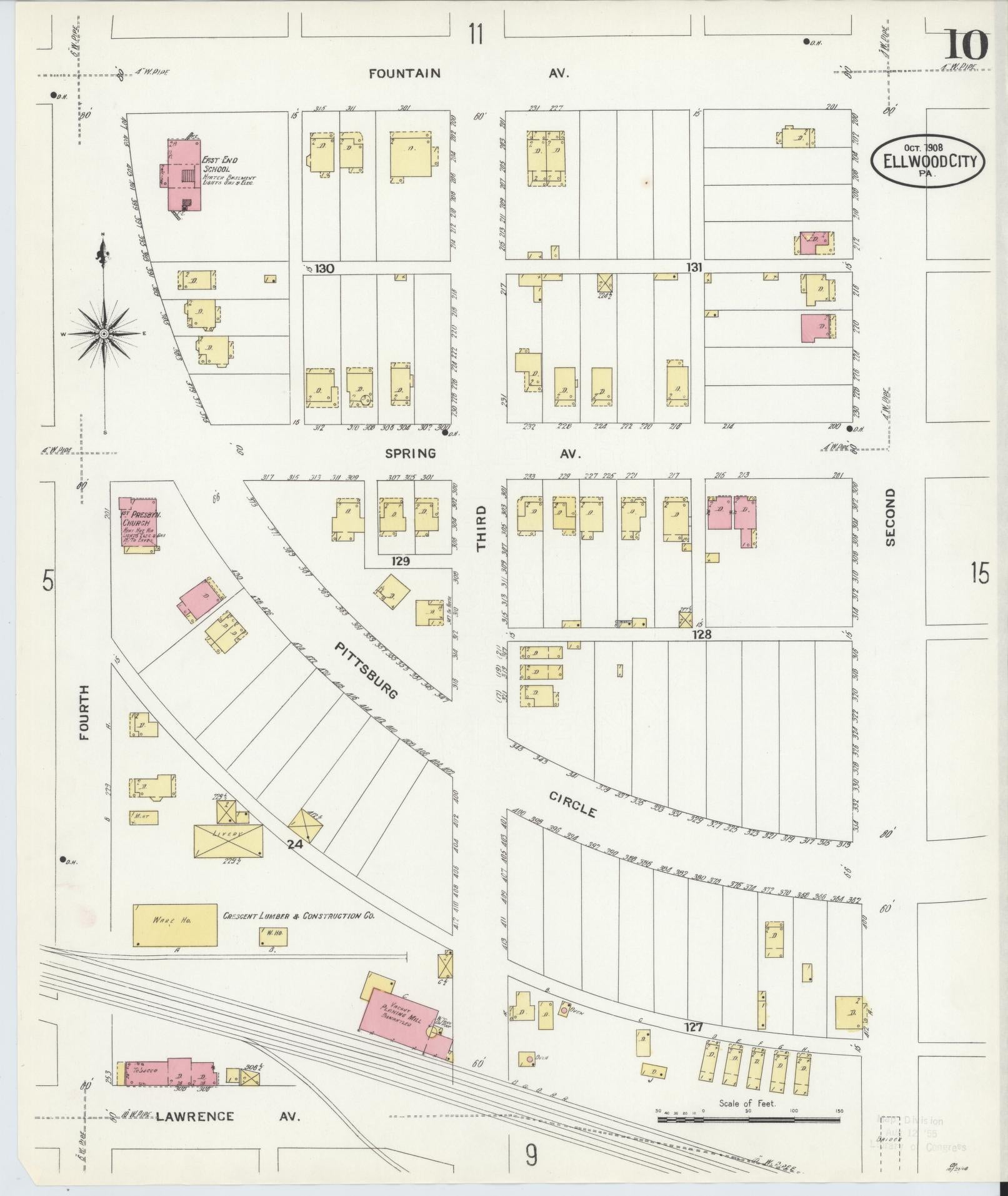 Sanborn Fire Insurance Map from Ellwood City, Lawrence County, Pennsylvania (1908), Sheet #0010 - Historic Sanborn Fire Insurance Map Print, vintage old map wall art, antique decor, genealogy gift, Pennsylvania Pennsylvania map