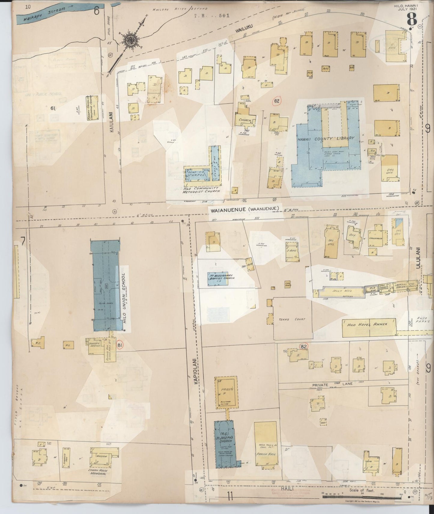 Sanborn Fire Insurance Map from Hilo, Hawaii County, Hawaii (1957), Sheet #0008 - Historic Sanborn Fire Insurance Map Print, vintage old map wall art