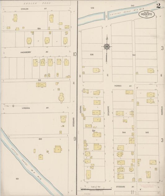 Sanborn Fire Insurance Map from Modesto, Stanislaus County, California (1919), Sheet #0002 - Historic Sanborn Fire Insurance Map Print, vintage old map wall art, antique decor, genealogy gift, California California map