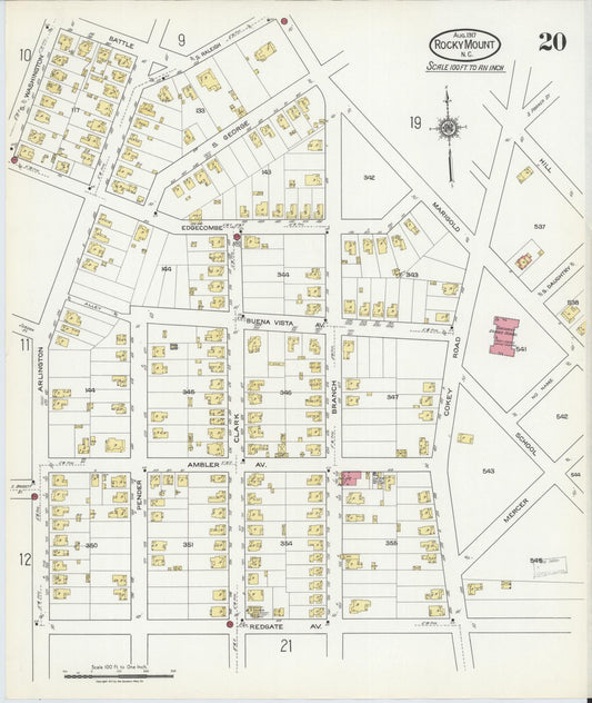 Sanborn Fire Insurance Map from Rocky Mount, Edgecombe And Nash Counties, North Carolina (1917), Sheet #0020 - Historic Sanborn Fire Insurance Map Print, vintage old map wall art, antique decor, genealogy gift, North Carolina North Carolina map