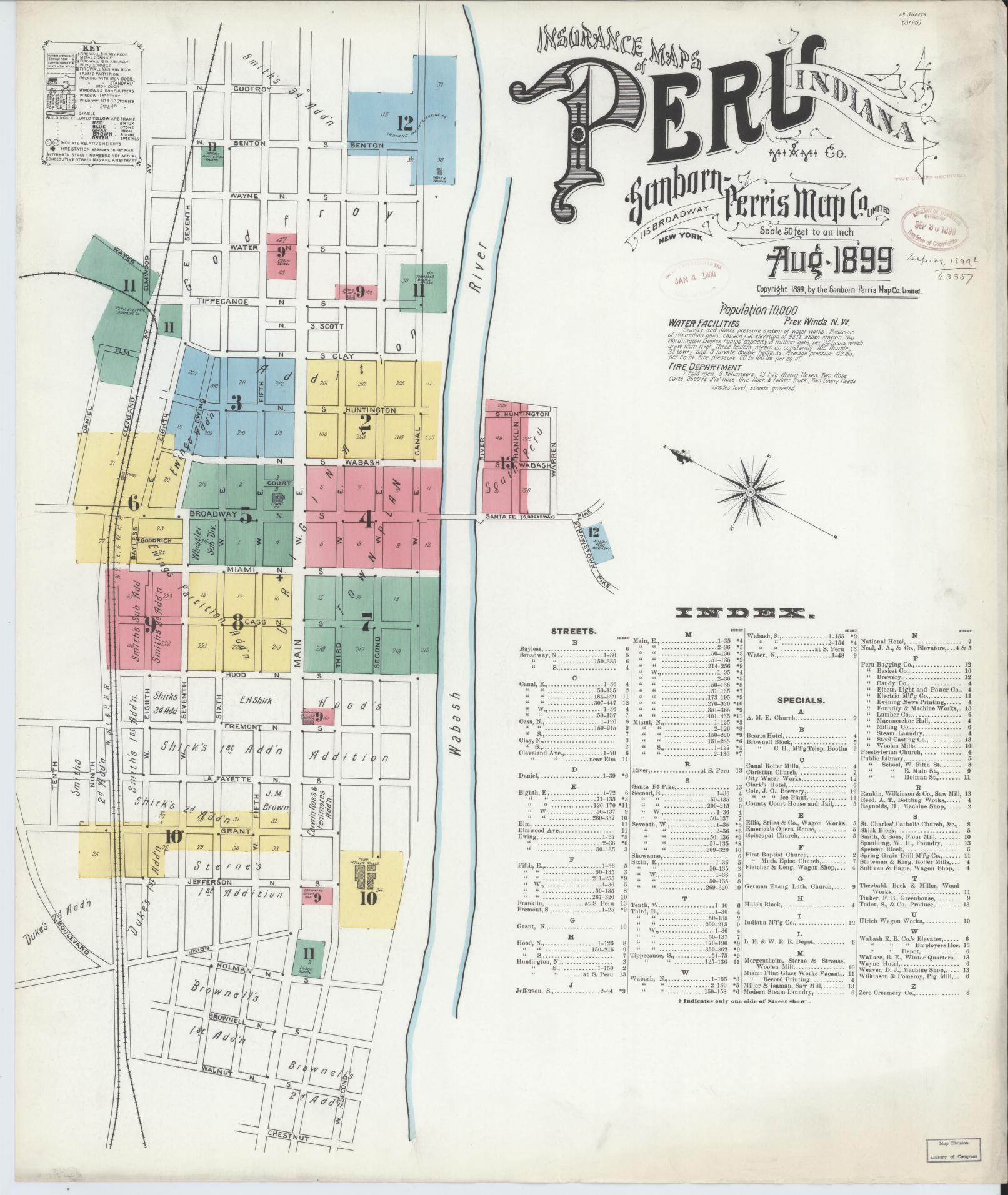 Sanborn Fire Insurance Map from Peru, Miami County, Indiana (1899), Sheet #0001 - Complete Map Set gallery image, historic Sanborn map, vintage wall art, Indiana Indiana