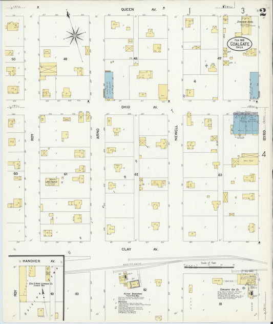 Sanborn Fire Insurance Map from Coalgate, Coal County, Oklahoma (1908), Sheet #0002 - Historic Sanborn Fire Insurance Map Print, vintage old map wall art, antique decor, genealogy gift, Oklahoma Oklahoma map