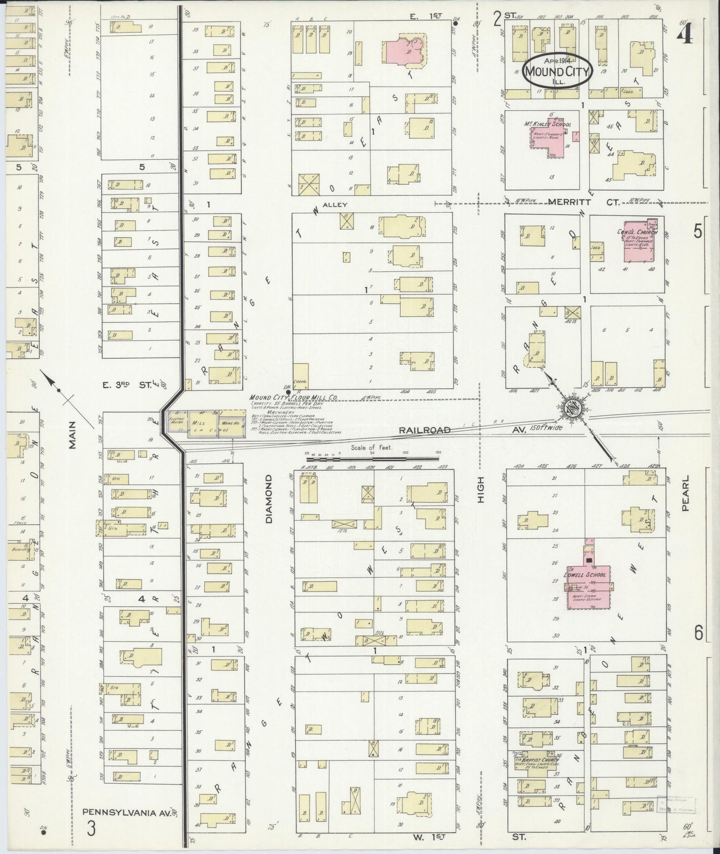 Sanborn Fire Insurance Map from Mound City, Pulaski County, Illinois (1914), Sheet #0004 - Historic Sanborn Fire Insurance Map Print, vintage old map wall art, antique decor, genealogy gift, Illinois Illinois map