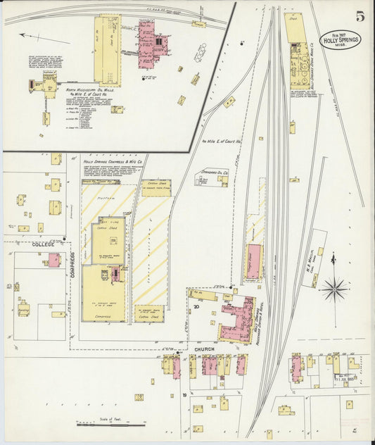 Sanborn Fire Insurance Map from Holly Springs, Marshall County, Mississippi (1907), Sheet #0005 - Historic Sanborn Fire Insurance Map Print, vintage old map wall art, antique decor, genealogy gift, Mississippi Mississippi map