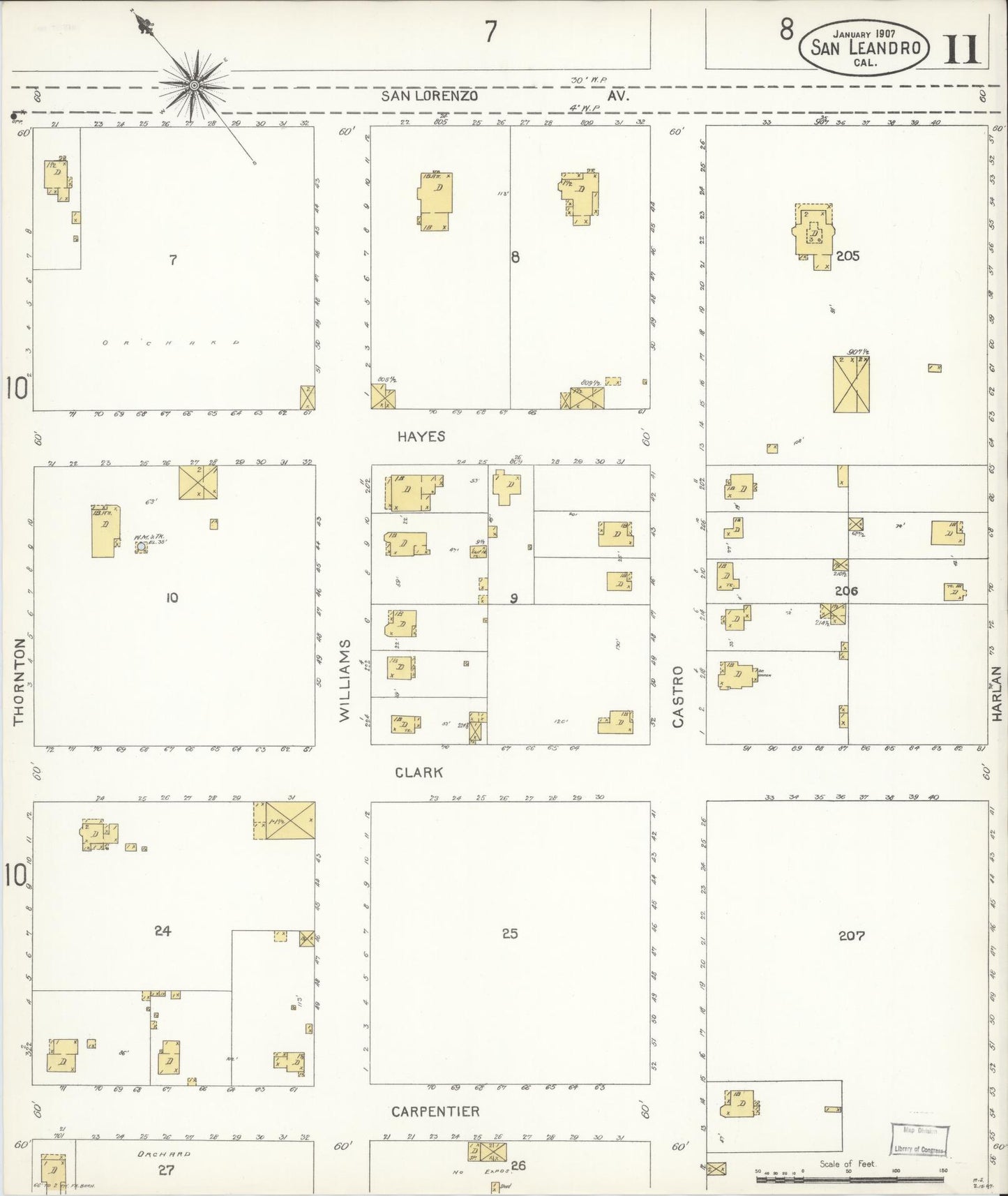 Sanborn Fire Insurance Map from San Leandro, Alameda County, California (1907), Sheet #0011 - Complete Map Set gallery image, historic Sanborn map, vintage wall art, California California
