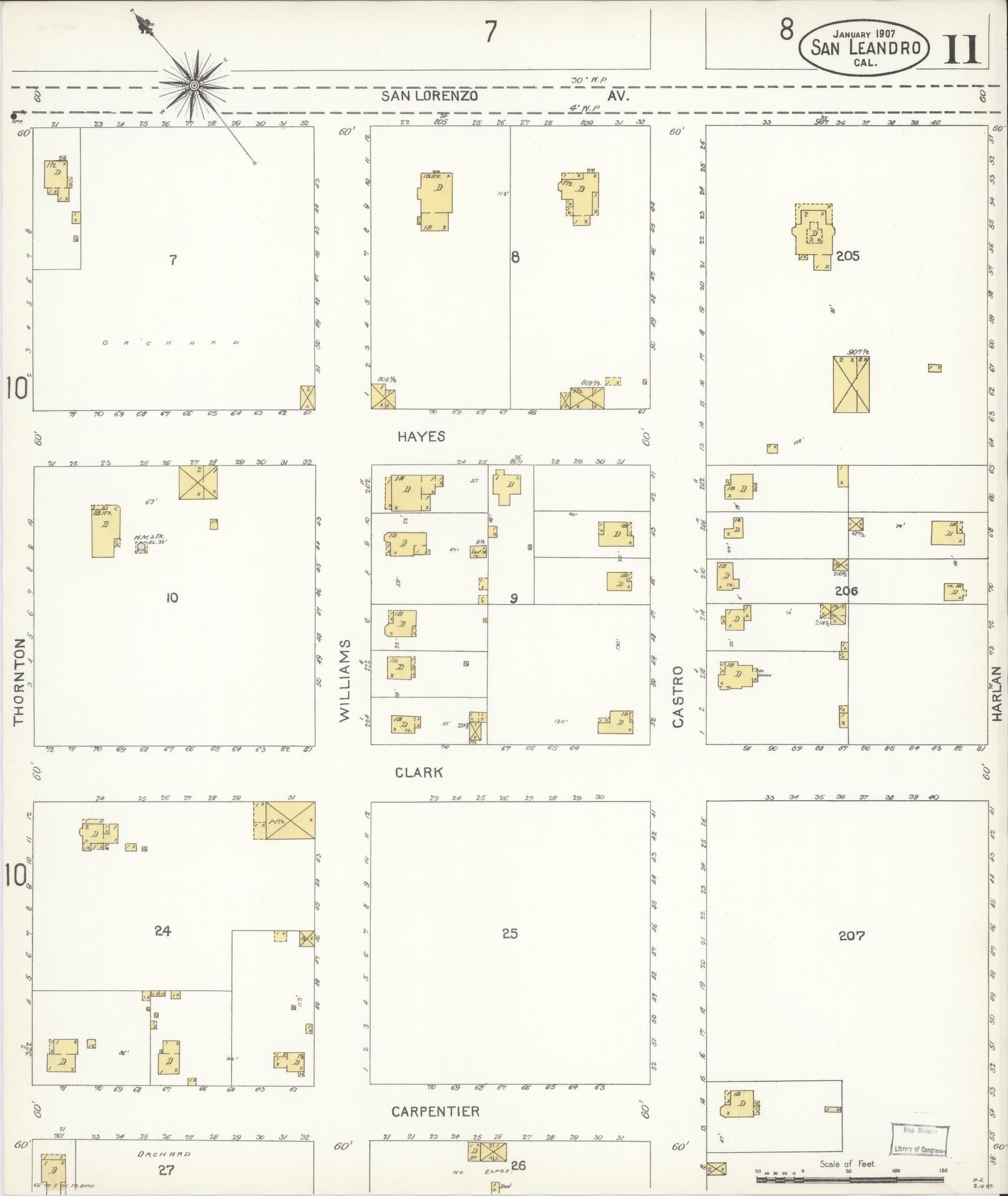 Sanborn Fire Insurance Map from San Leandro, Alameda County, California (1907), Sheet #0011 - Complete Map Set gallery image, historic Sanborn map, vintage wall art, California California