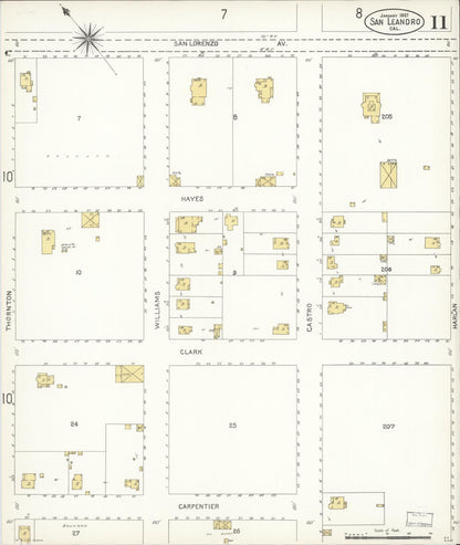 Sanborn Fire Insurance Map from San Leandro, Alameda County, California (1907), Sheet #0011 - Complete Map Set gallery image, historic Sanborn map, vintage wall art, California California
