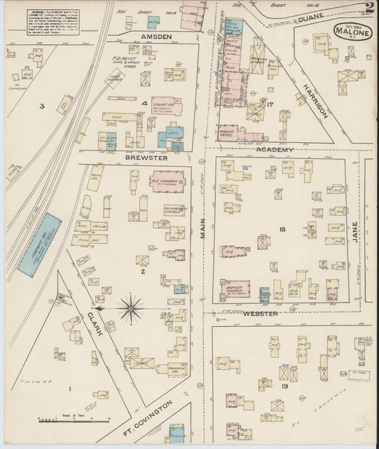 Sanborn Fire Insurance Map from Malone, Franklin County, New York (1884), Sheet #0002 - Complete Map Set gallery image, historic Sanborn map, vintage wall art, New York New York