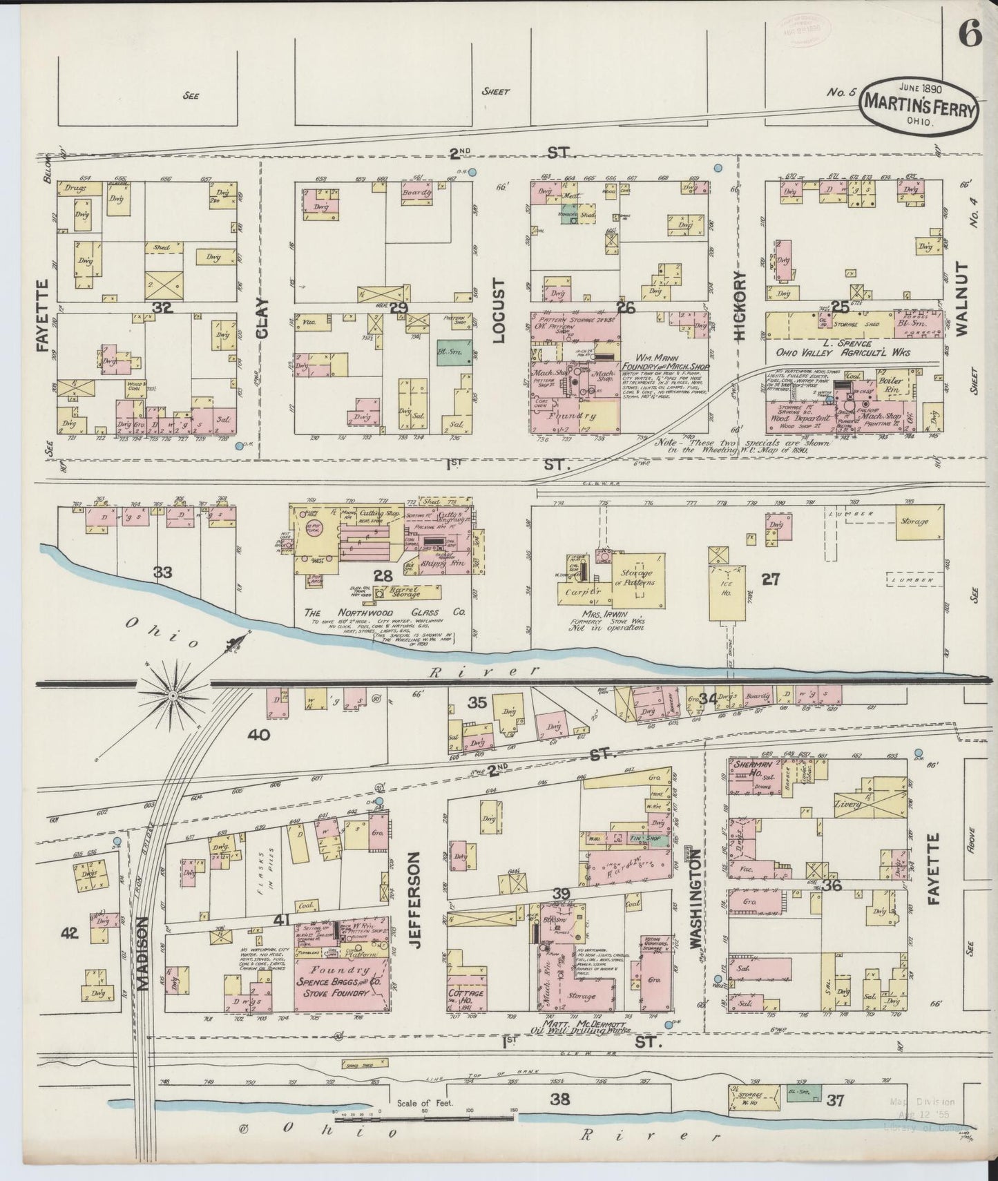 Sanborn Fire Insurance Map from Martins Ferry, Belmont County, Ohio (1890), Sheet #0006 - Historic Sanborn Fire Insurance Map Print, vintage old map wall art, antique decor, genealogy gift, Ohio Ohio map