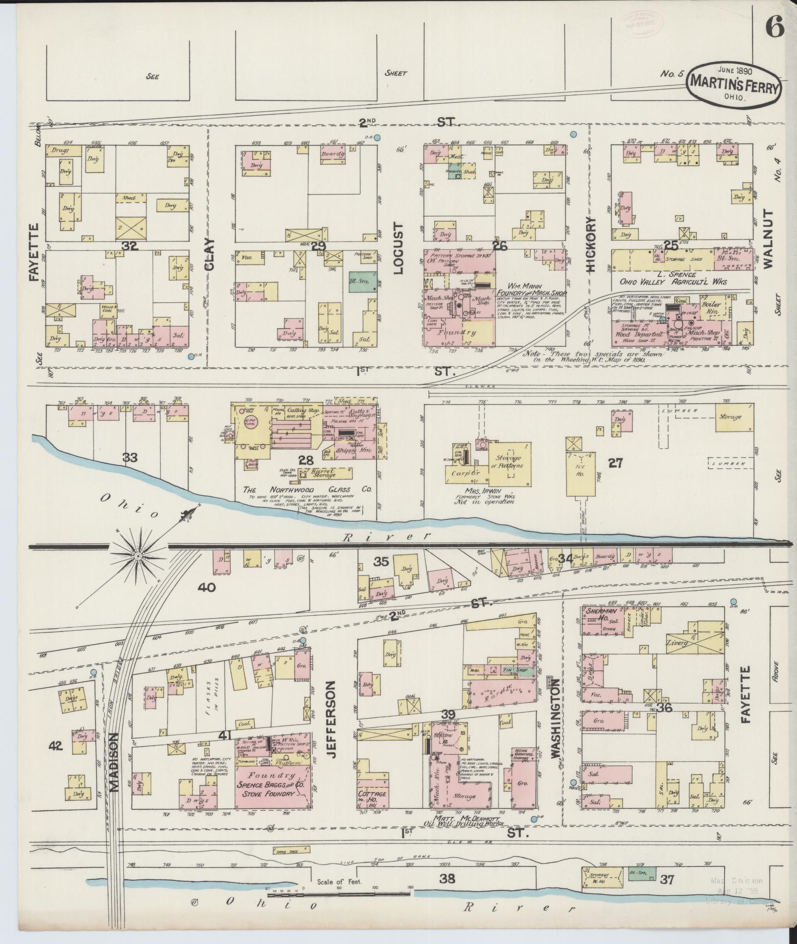 Sanborn Fire Insurance Map from Martins Ferry, Belmont County, Ohio (1890), Sheet #0006 - Historic Sanborn Fire Insurance Map Print, vintage old map wall art, antique decor, genealogy gift, Ohio Ohio map
