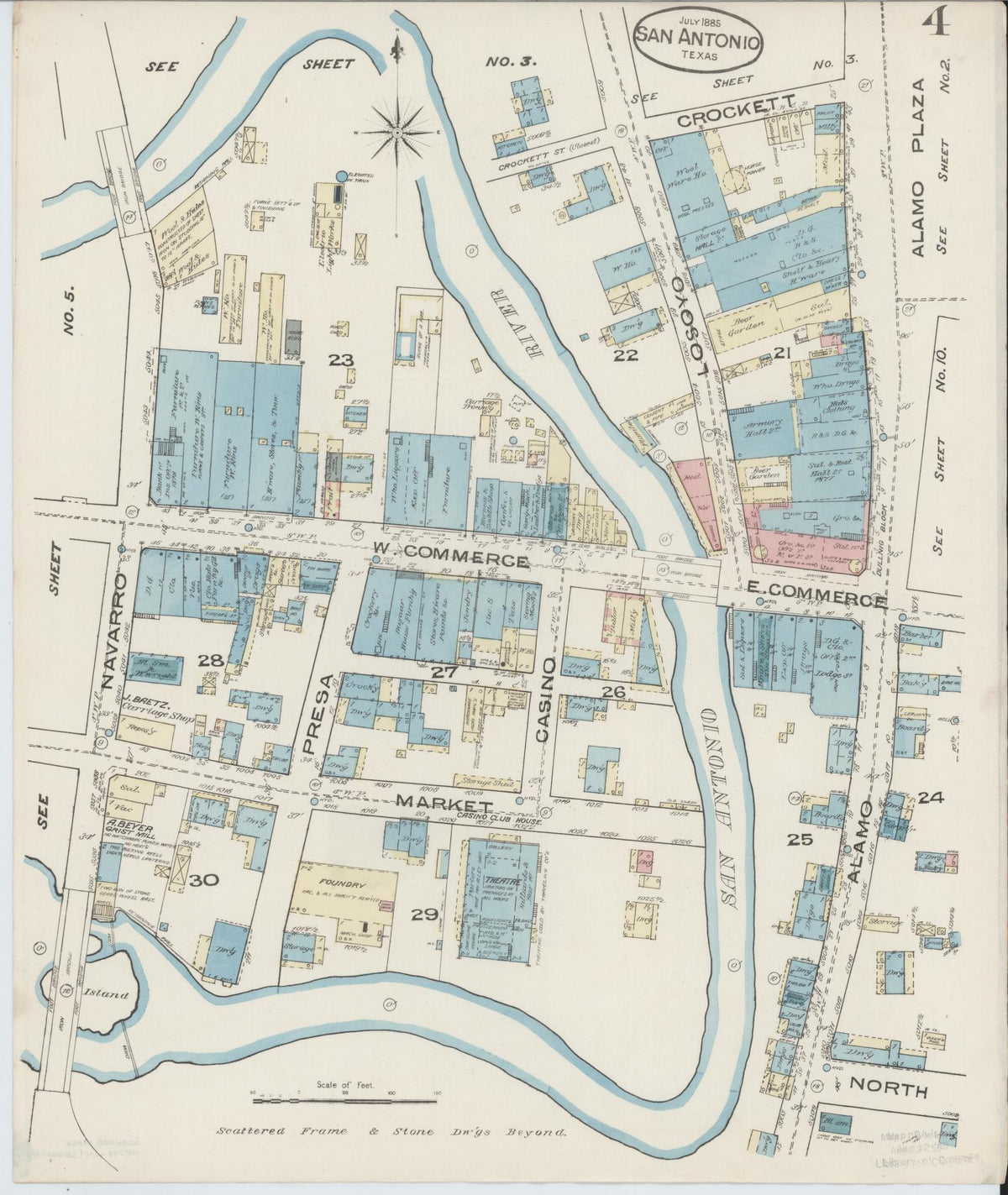 Sanborn Fire Insurance Map from San Antonio, Bexar County, Texas (1885), Sheet #0004 - Complete Map Set gallery image, historic Sanborn map, vintage wall art, Texas Texas
