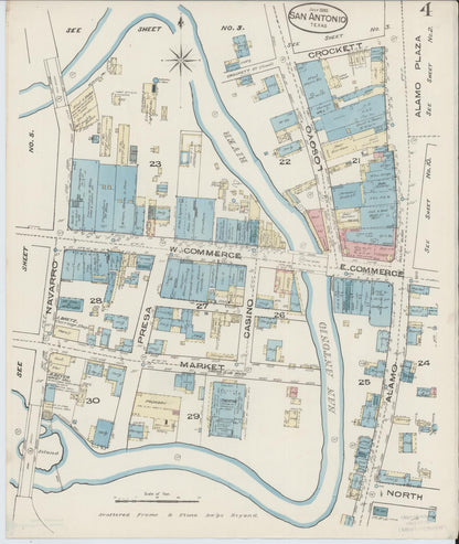 Sanborn Fire Insurance Map from San Antonio, Bexar County, Texas (1885), Sheet #0004 - Complete Map Set gallery image, historic Sanborn map, vintage wall art, Texas Texas