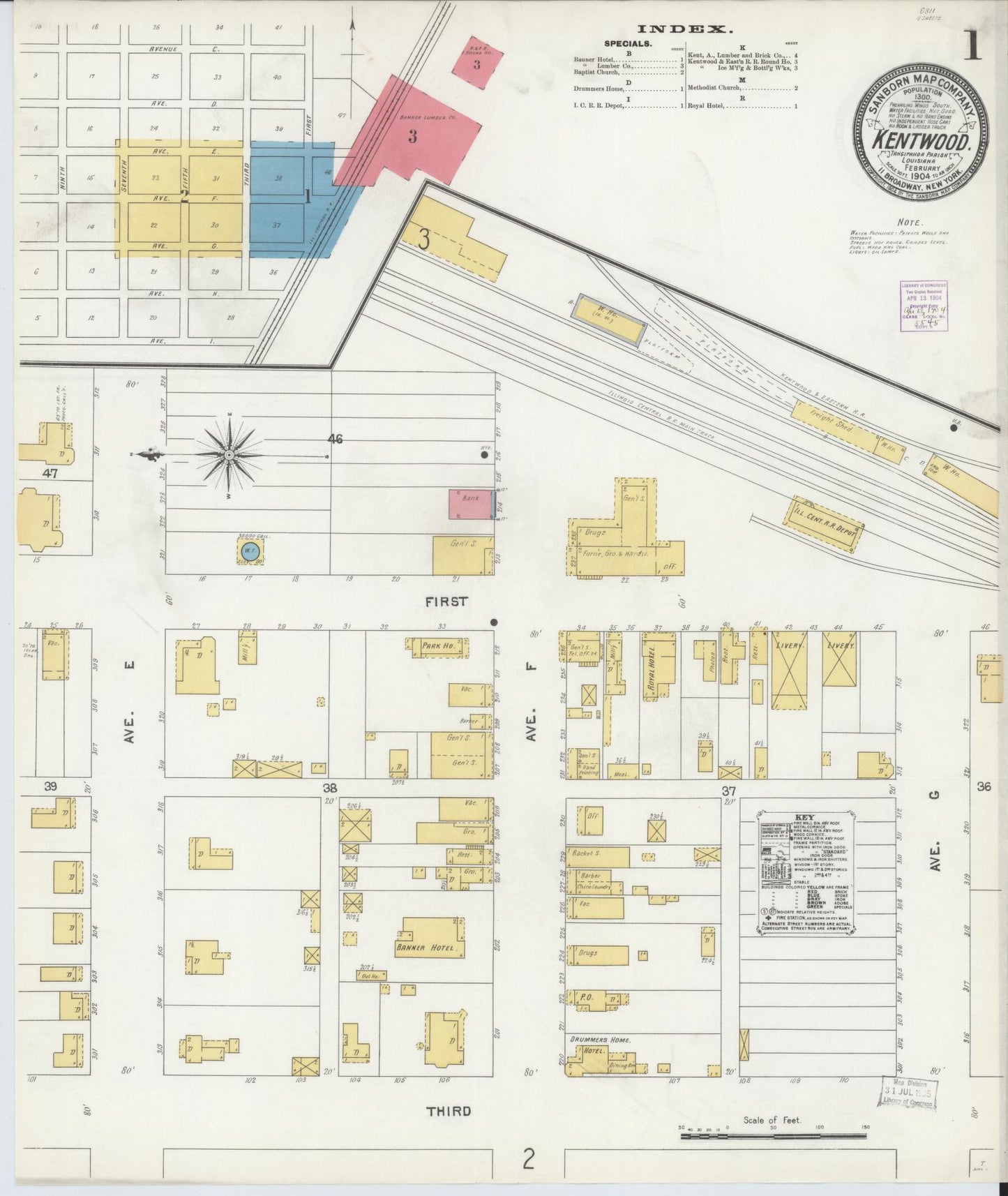 Sanborn Fire Insurance Map from Kentwood, Tangipahoa Parish, Louisiana (1904), Sheet #0001 - Historic Sanborn Fire Insurance Map Print, vintage old map wall art, antique decor, genealogy gift, Louisiana Louisiana map