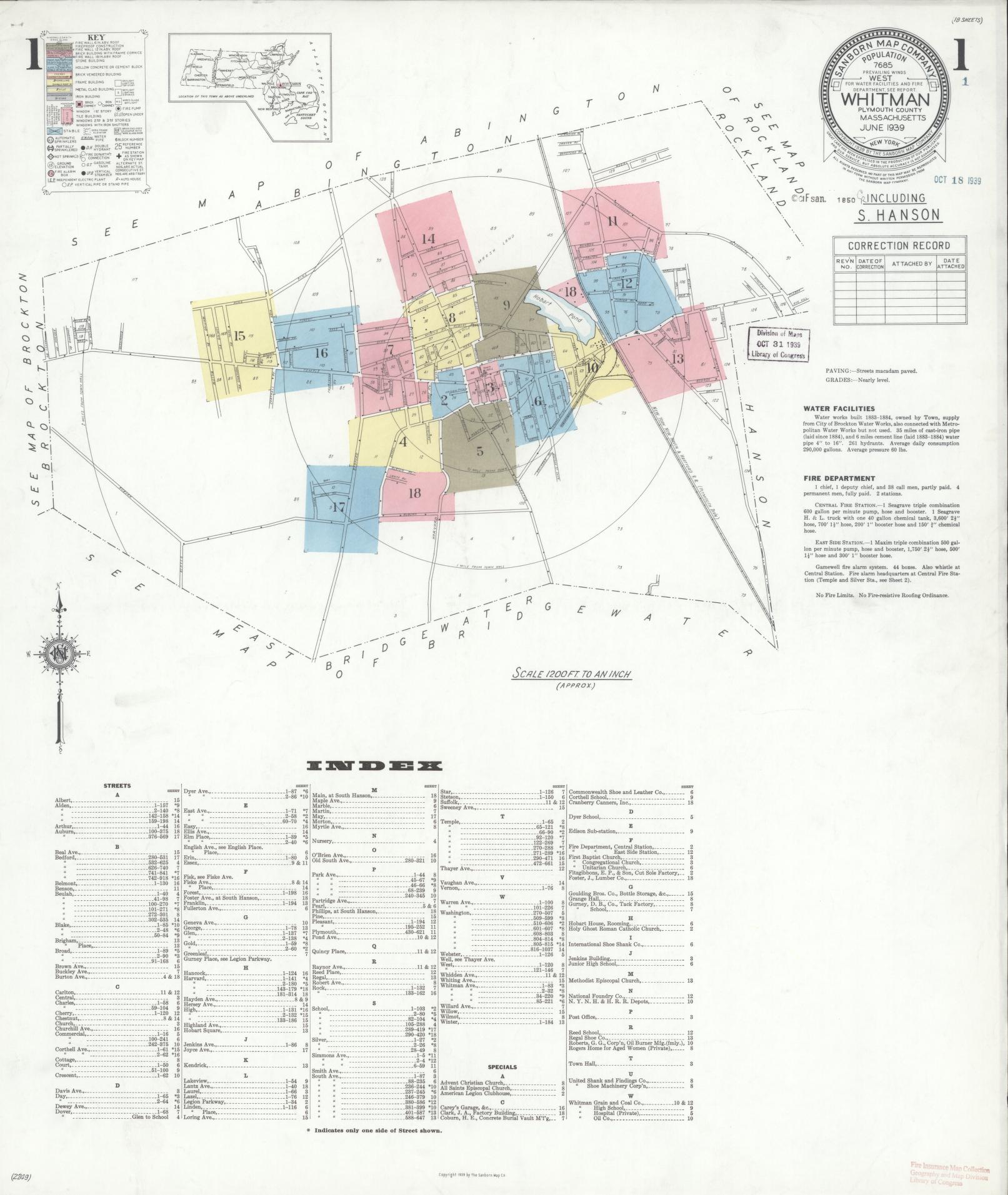 Sanborn Fire Insurance Map from Whitman, Plymouth County, Massachusetts (1939), Sheet #0001 - Complete Map Set gallery image, historic Sanborn map, vintage wall art, Massachusetts Massachusetts