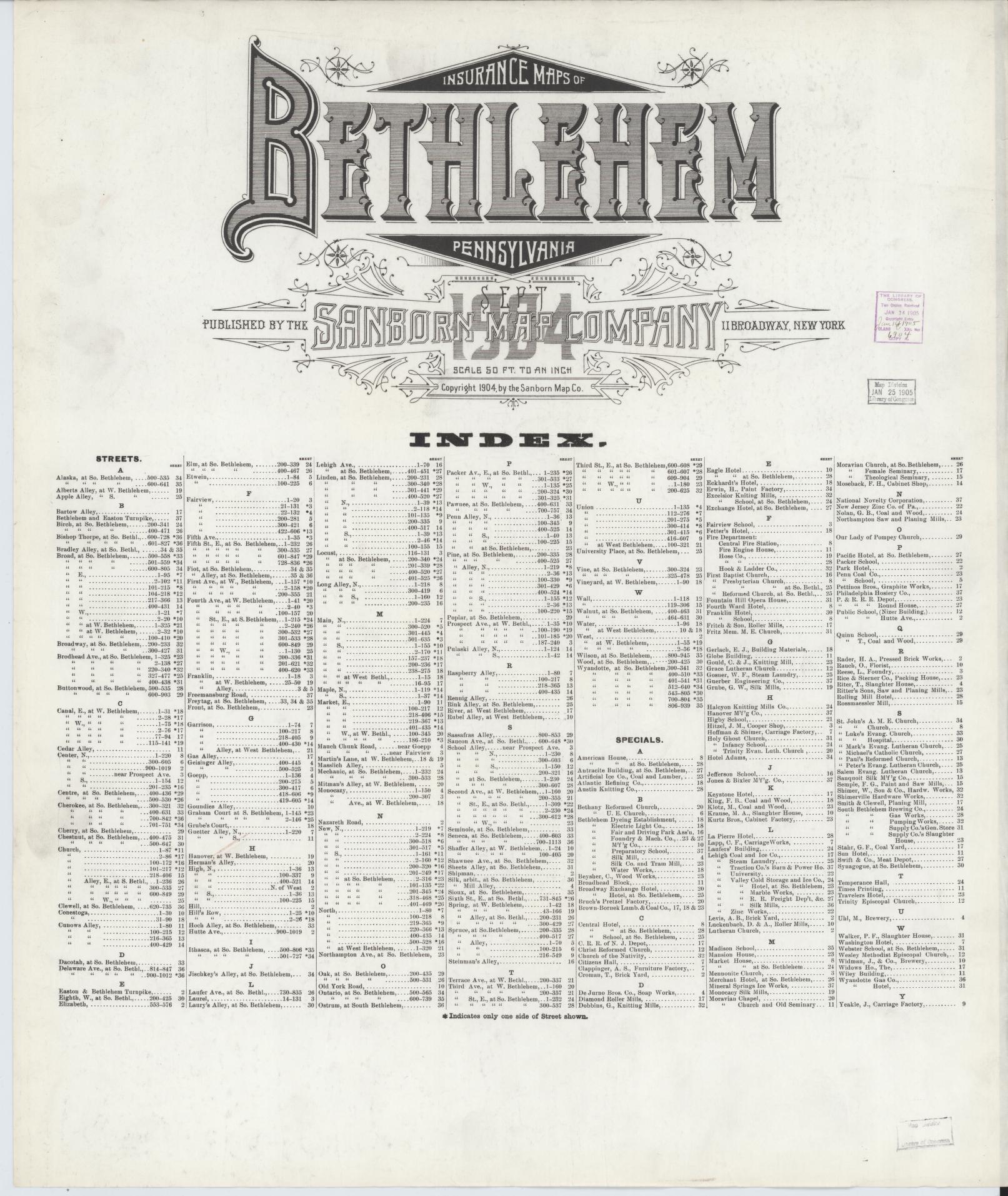 Sanborn Fire Insurance Map from Bethlehem, Northampton And Lehigh Counties, Pennsylvania (1904), Sheet #0001 - Historic Sanborn Fire Insurance Map Print, vintage old map wall art, antique decor, genealogy gift, Pennsylvania Pennsylvania map