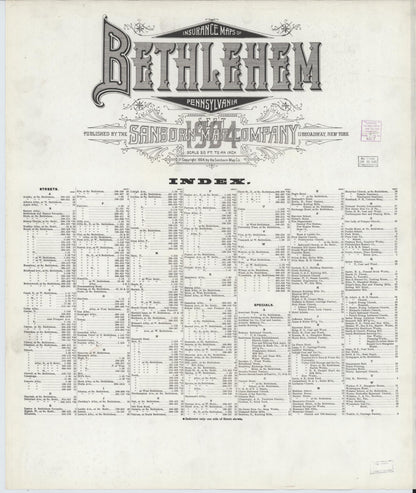 Sanborn Fire Insurance Map from Bethlehem, Northampton And Lehigh Counties, Pennsylvania (1904), Sheet #0001 - Historic Sanborn Fire Insurance Map Print, vintage old map wall art, antique decor, genealogy gift, Pennsylvania Pennsylvania map