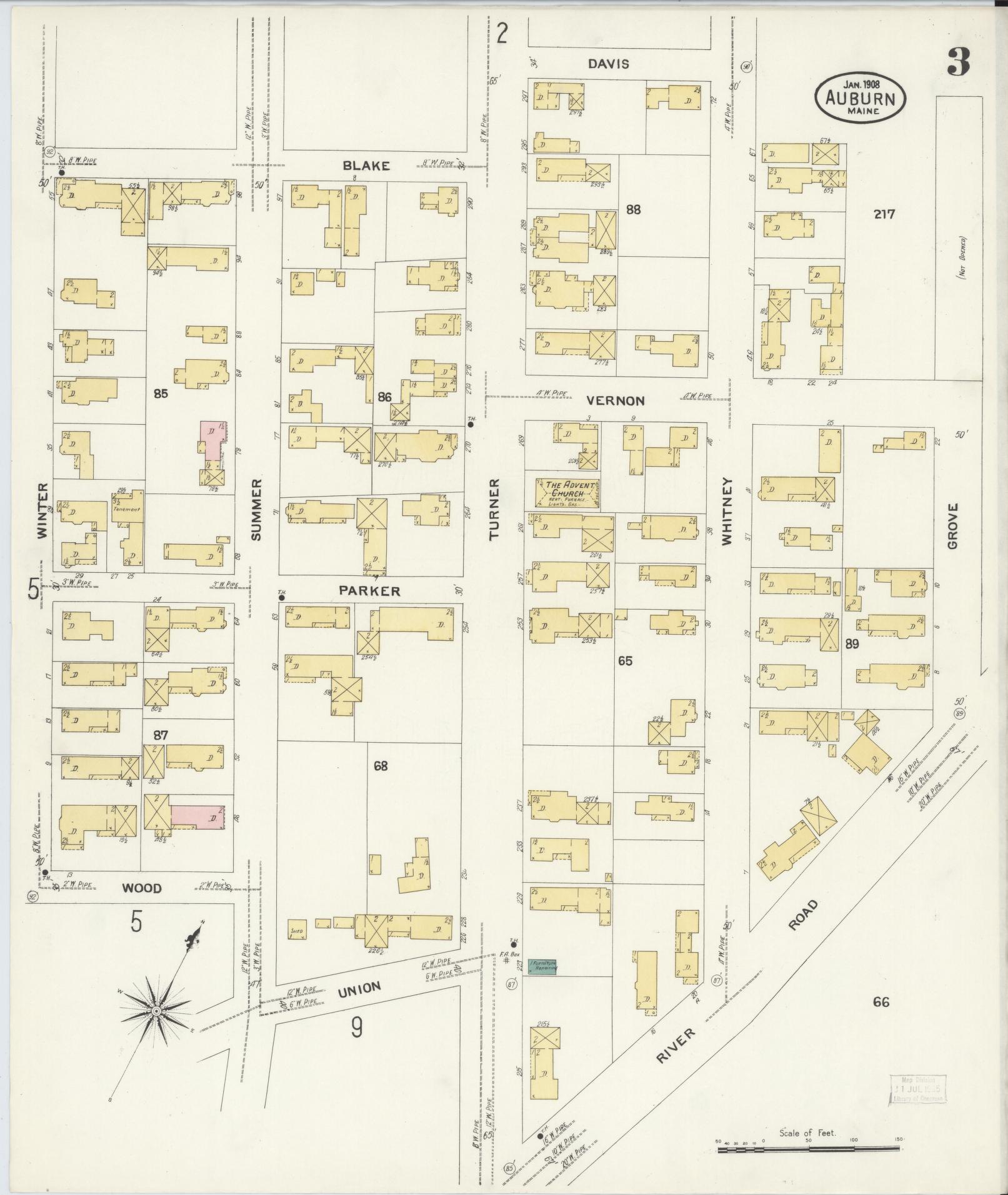 Sanborn Fire Insurance Map from Auburn, Androscoggin County, Maine (1908), Sheet #0003 - Complete Map Set gallery image, historic Sanborn map, vintage wall art, Maine Maine