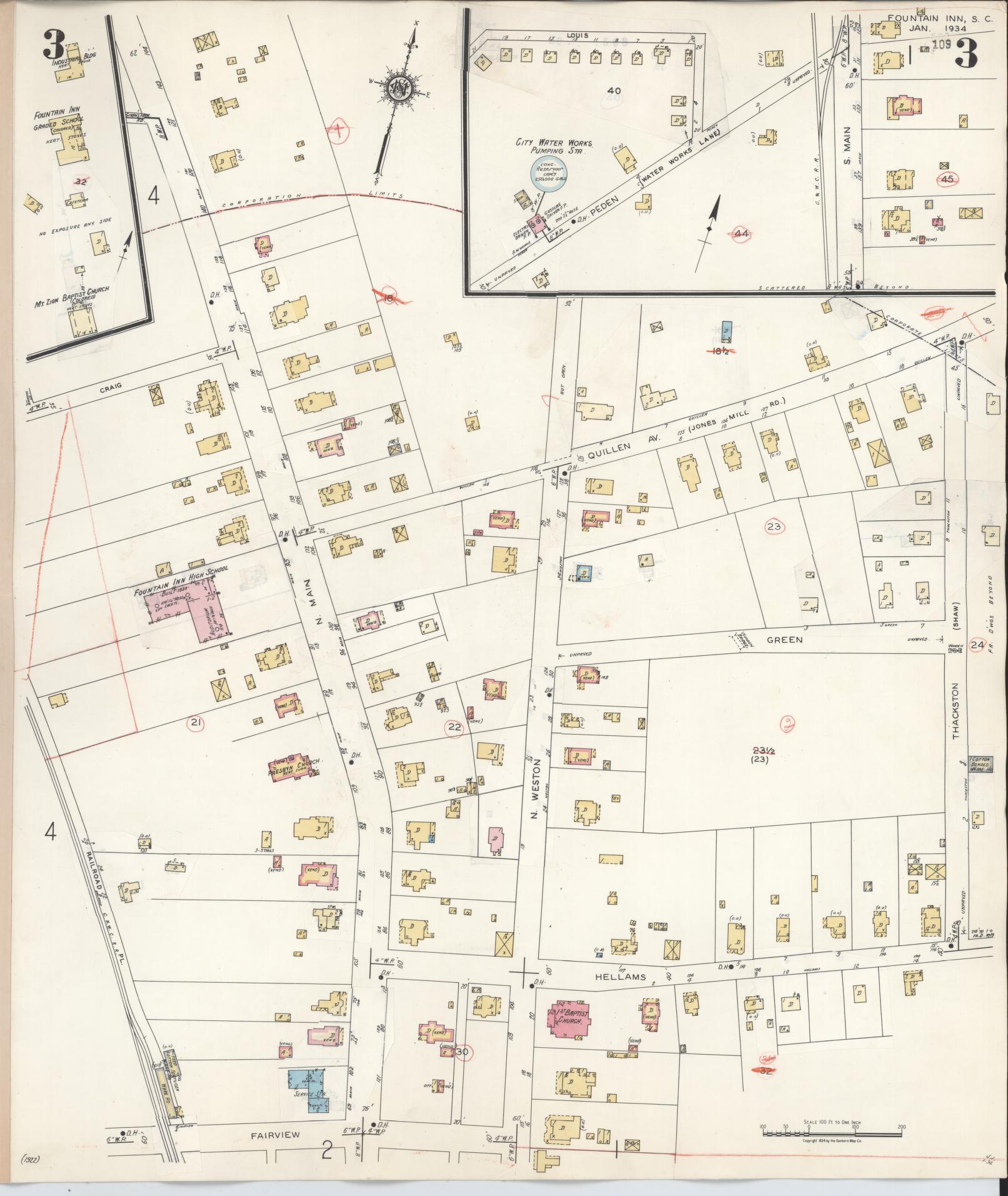 Sanborn Fire Insurance Map from Fountain Inn, Greenville And Laurens County, South Carolina (1947), Sheet #0003 - Complete Map Set gallery image, historic Sanborn map, vintage wall art, South Carolina South Carolina