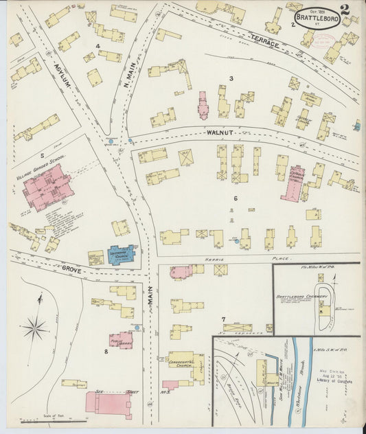 Sanborn Fire Insurance Map from Brattleboro, Windham County, Vermont (1891), Sheet #0002 - Historic Sanborn Fire Insurance Map Print, vintage old map wall art, antique decor, genealogy gift, Vermont Vermont map