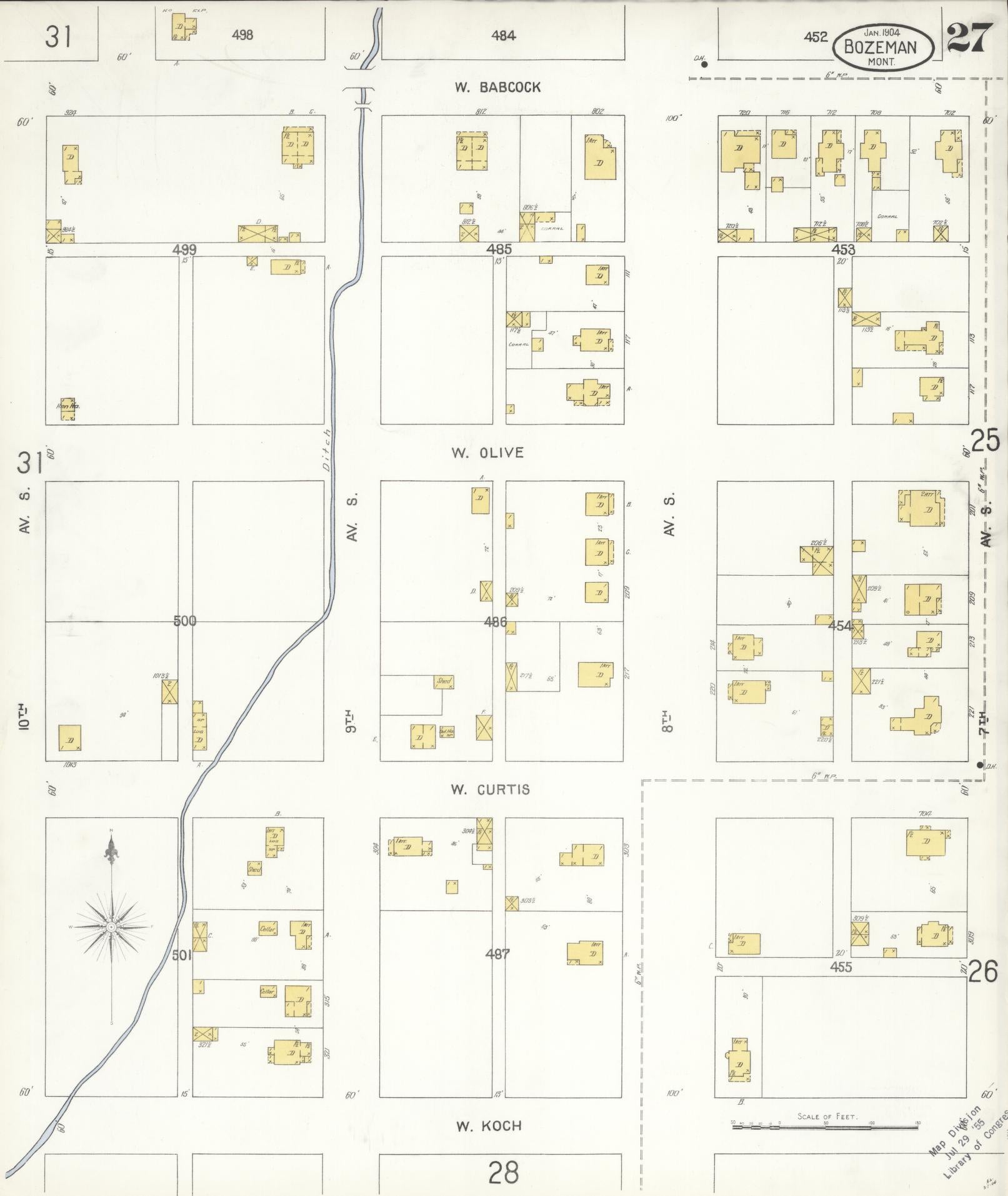 Sanborn Fire Insurance Map from Bozeman, Gallatin County, Montana (1904), Sheet #0027 - Historic Sanborn Fire Insurance Map Print, vintage old map wall art, antique decor, genealogy gift, Montana Montana map