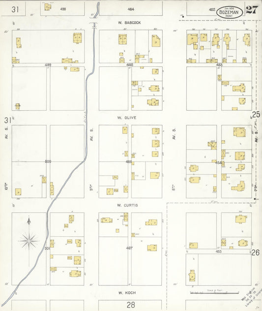 Sanborn Fire Insurance Map from Bozeman, Gallatin County, Montana (1904), Sheet #0027 - Historic Sanborn Fire Insurance Map Print, vintage old map wall art, antique decor, genealogy gift, Montana Montana map