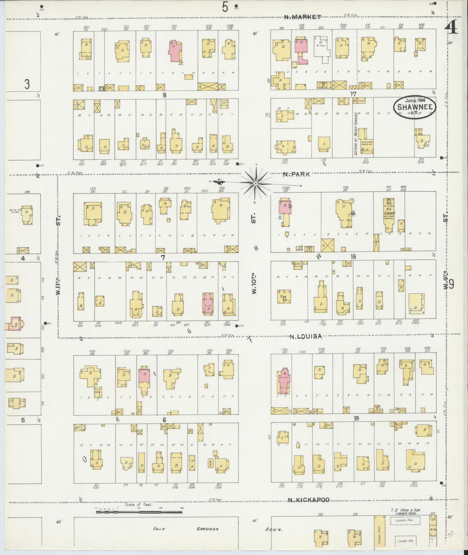 Sanborn Fire Insurance Map from Shawnee, Pottawatomie County, Oklahoma (1904), Sheet #0004 - Complete Map Set gallery image, historic Sanborn map, vintage wall art, Oklahoma Oklahoma