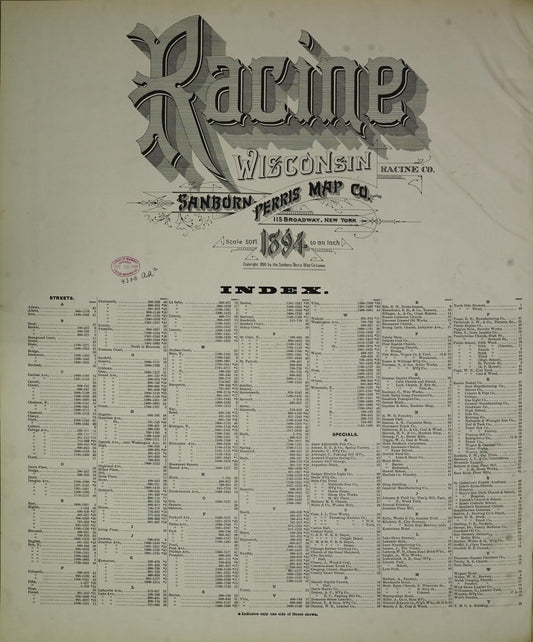 Sanborn Fire Insurance Map from Racine, Racine County, Wisconsin (1894), Sheet #0001 - Historic Sanborn Fire Insurance Map Print, vintage old map wall art, antique decor, genealogy gift, Wisconsin Wisconsin map