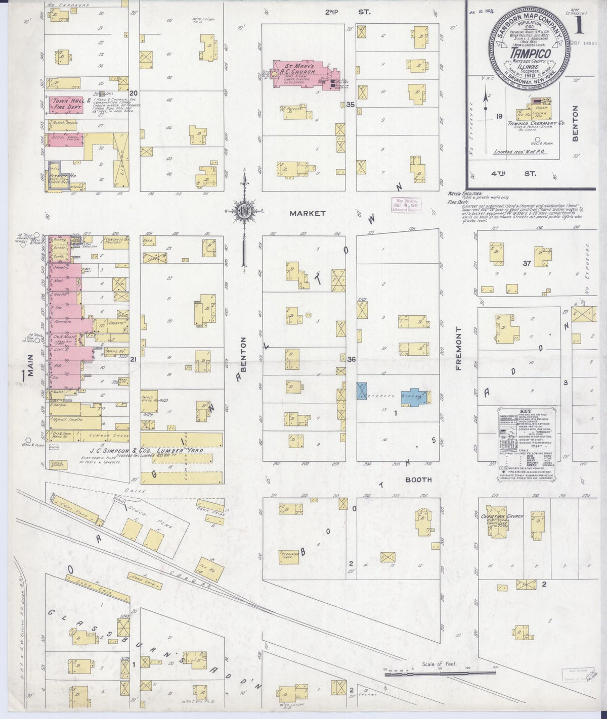 Sanborn Fire Insurance Map from Tampico, Whiteside County, Illinois (1910), Sheet #0001 - Complete Map Set gallery image, historic Sanborn map, vintage wall art, Illinois Illinois