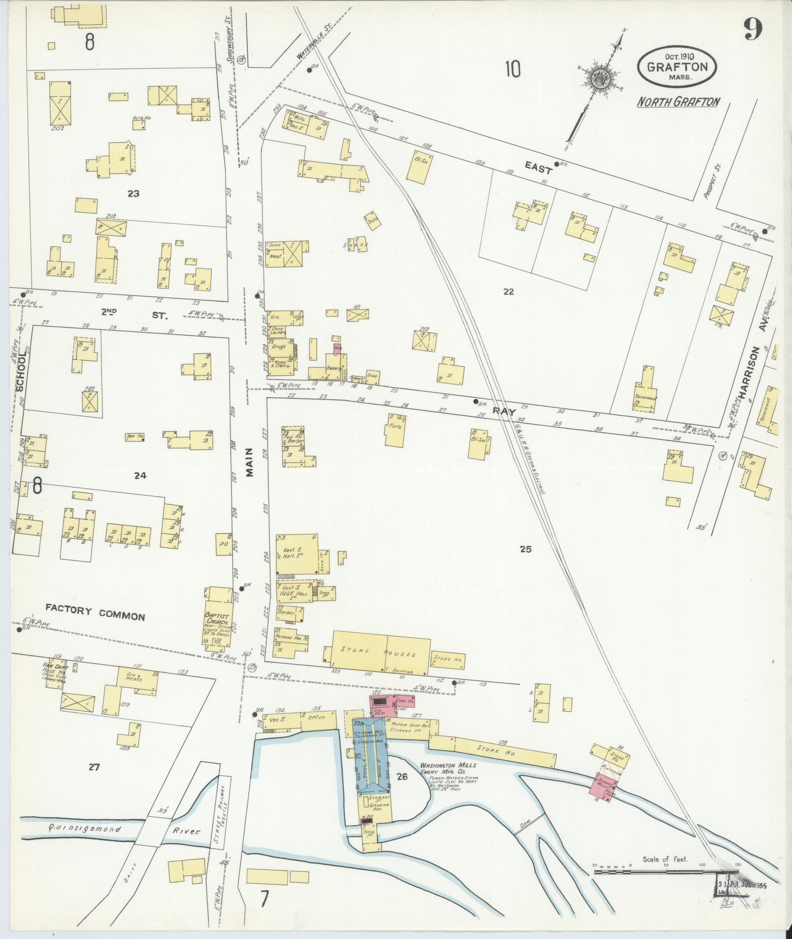 Sanborn Fire Insurance Map from Grafton, Worcester County, Massachusetts (1910), Sheet #0009 - Historic Sanborn Fire Insurance Map Print, vintage old map wall art, antique decor, genealogy gift, Massachusetts Massachusetts map
