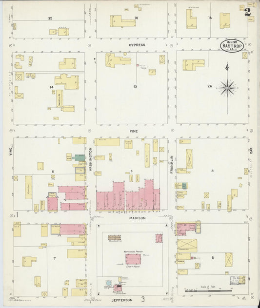 Sanborn Fire Insurance Map from Bastrop, Morehouse Parish, Louisiana (1907), Sheet #0002 - Historic Sanborn Fire Insurance Map Print, vintage old map wall art, antique decor, genealogy gift, Louisiana Louisiana map